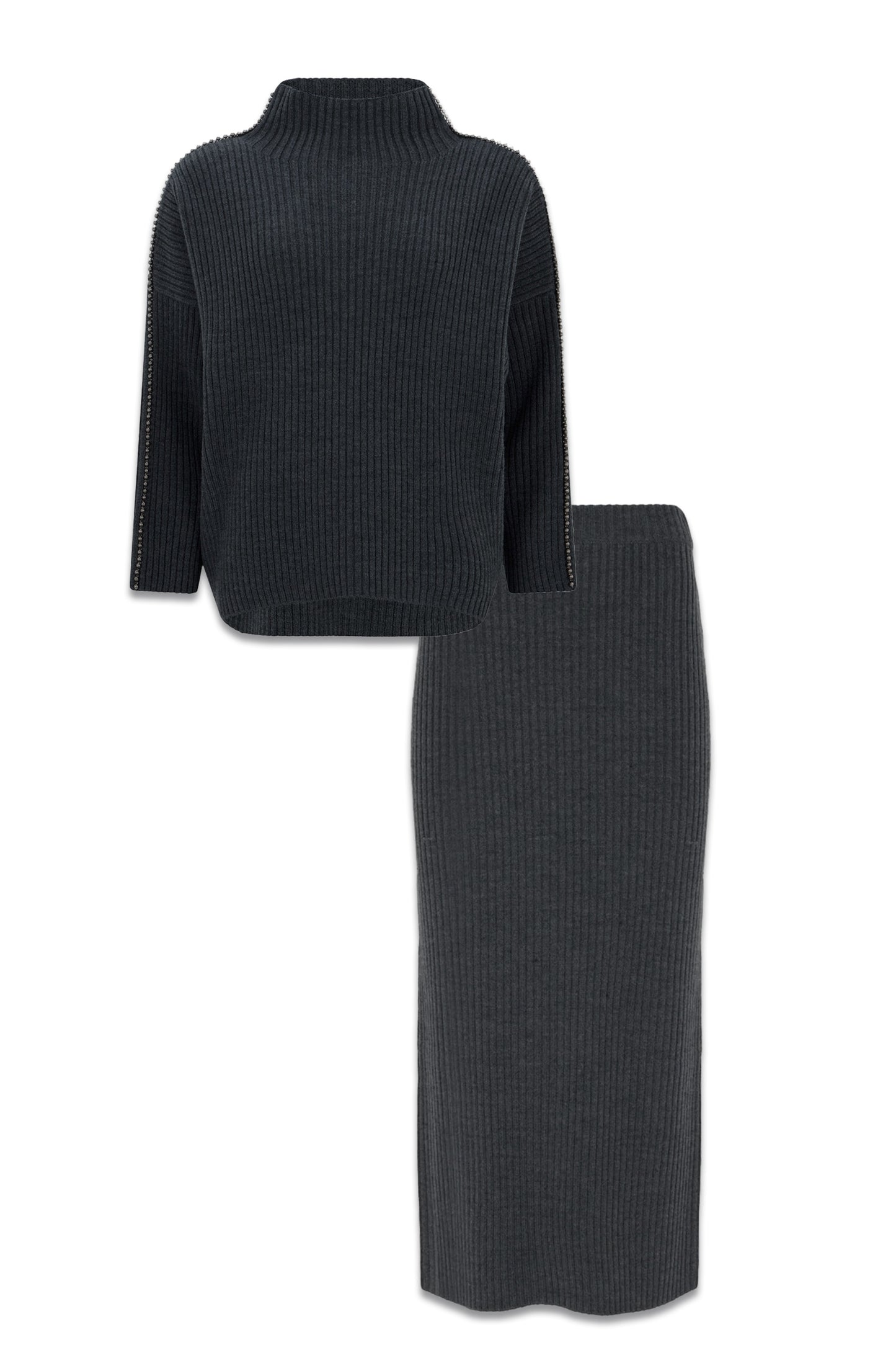 Grey Beaded Trim Jumper & Maxi Skirt
