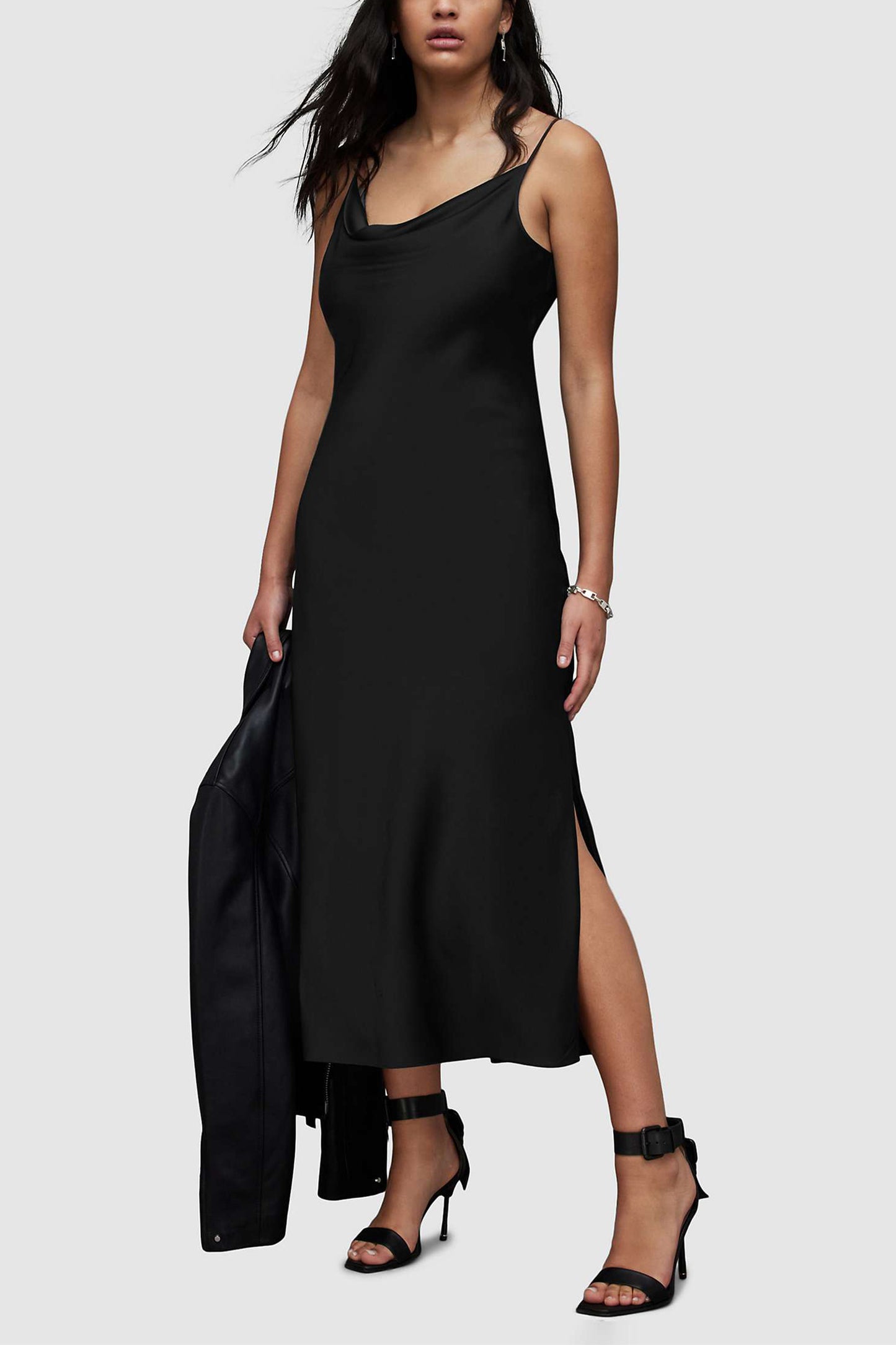 AllSaints Hadley Cowl Neck Midi Slip Dress, Black
