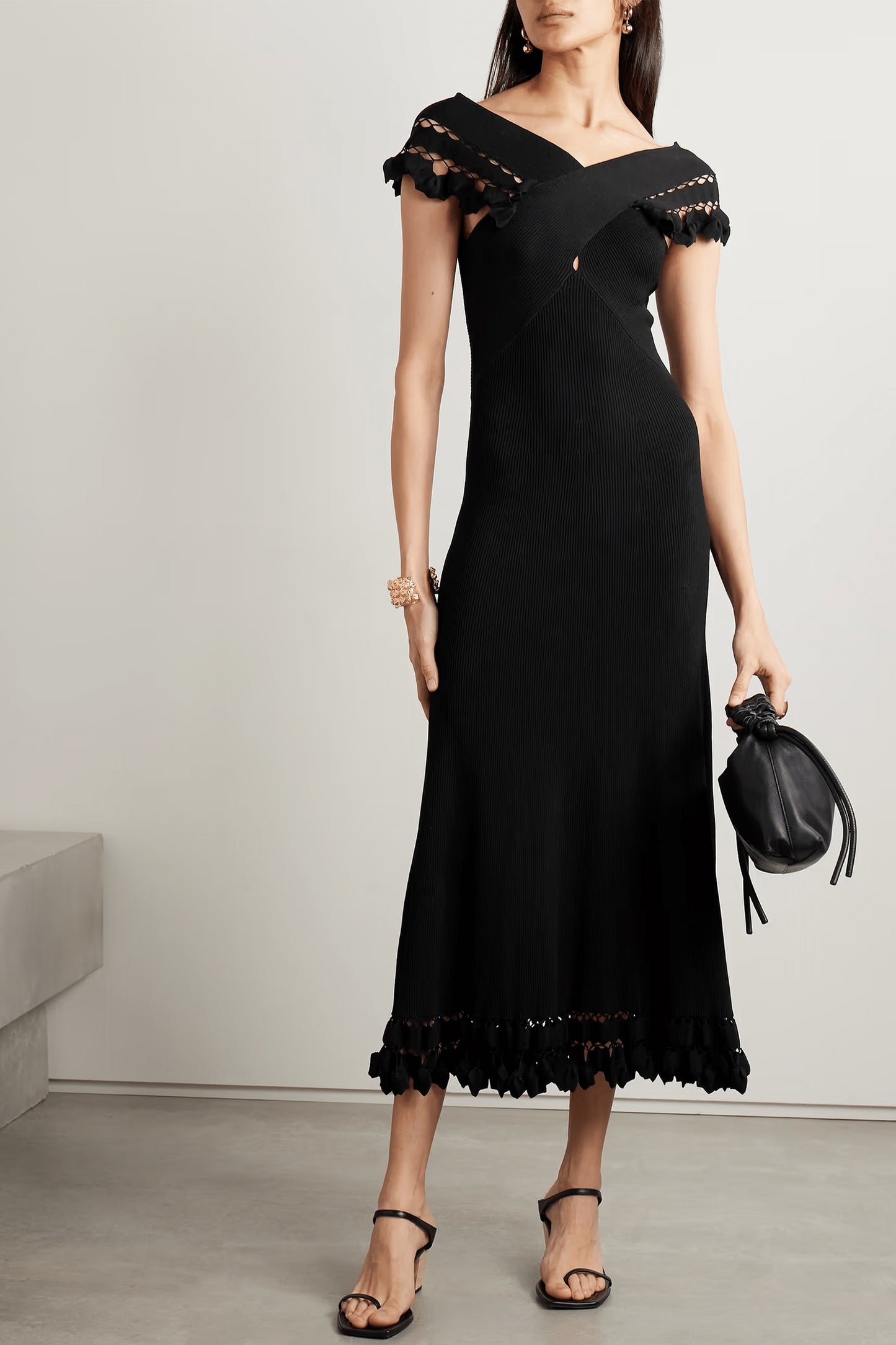 Fiora Crochet-trimmed Ribbed Stretch-knit Midi Dress