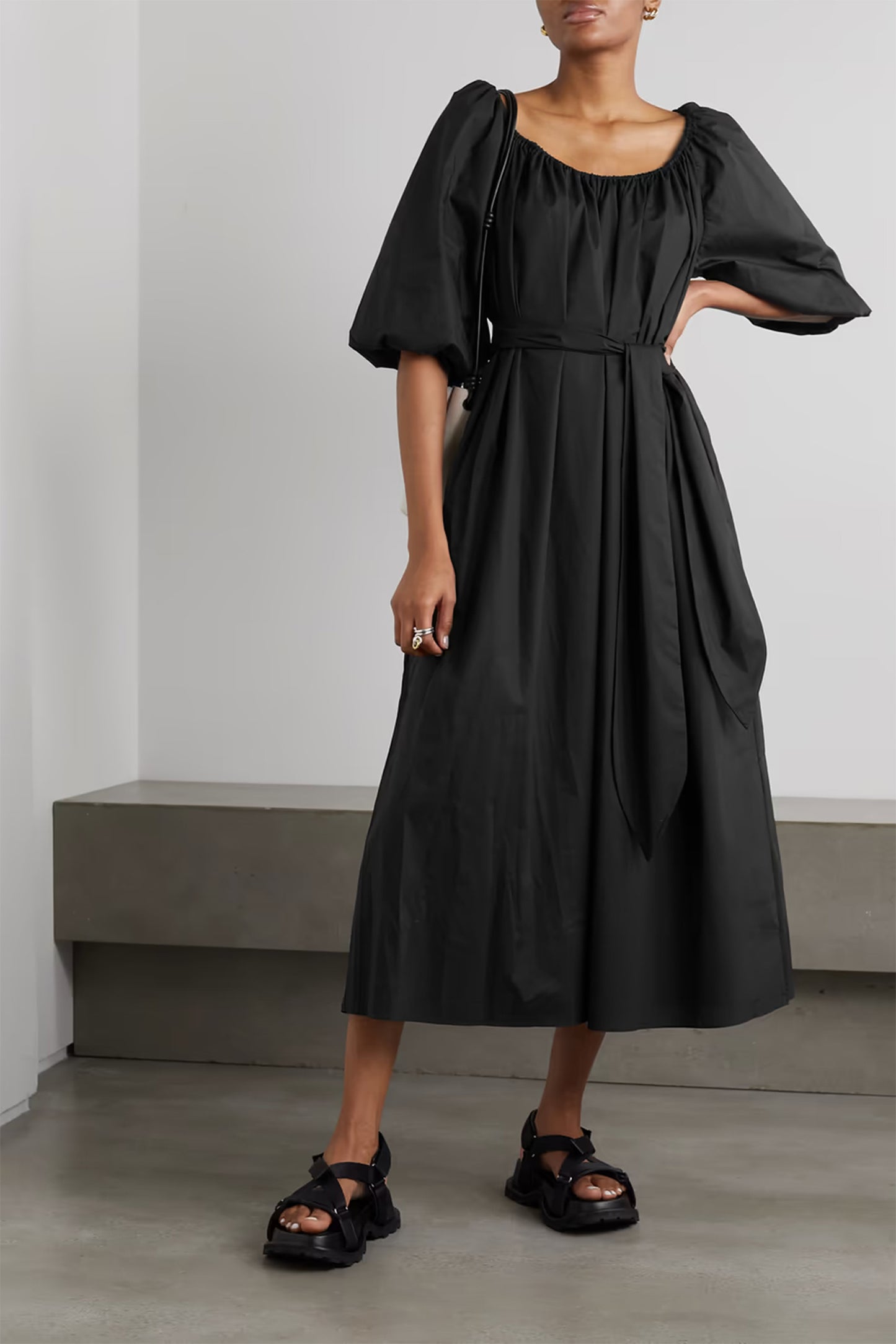 + NET SUSTAIN Belted Gathered Organic Cotton-poplin Midi Dress
