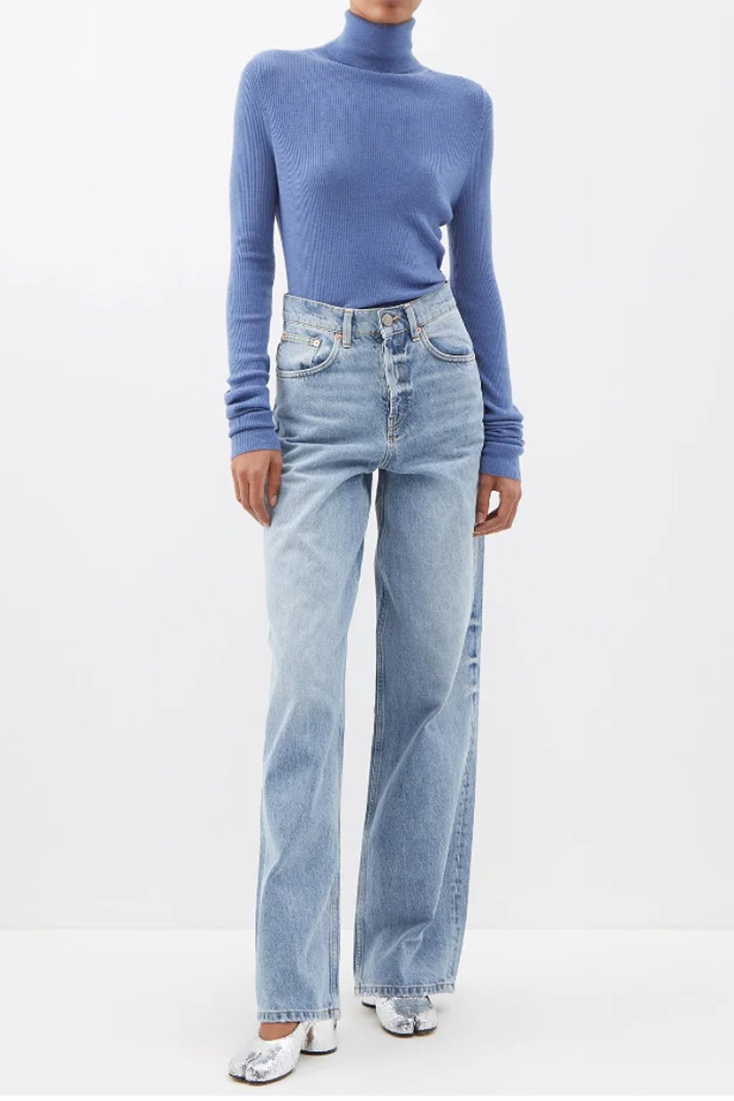 Blue Roll-neck Fine-rib Merino-wool Sweater
