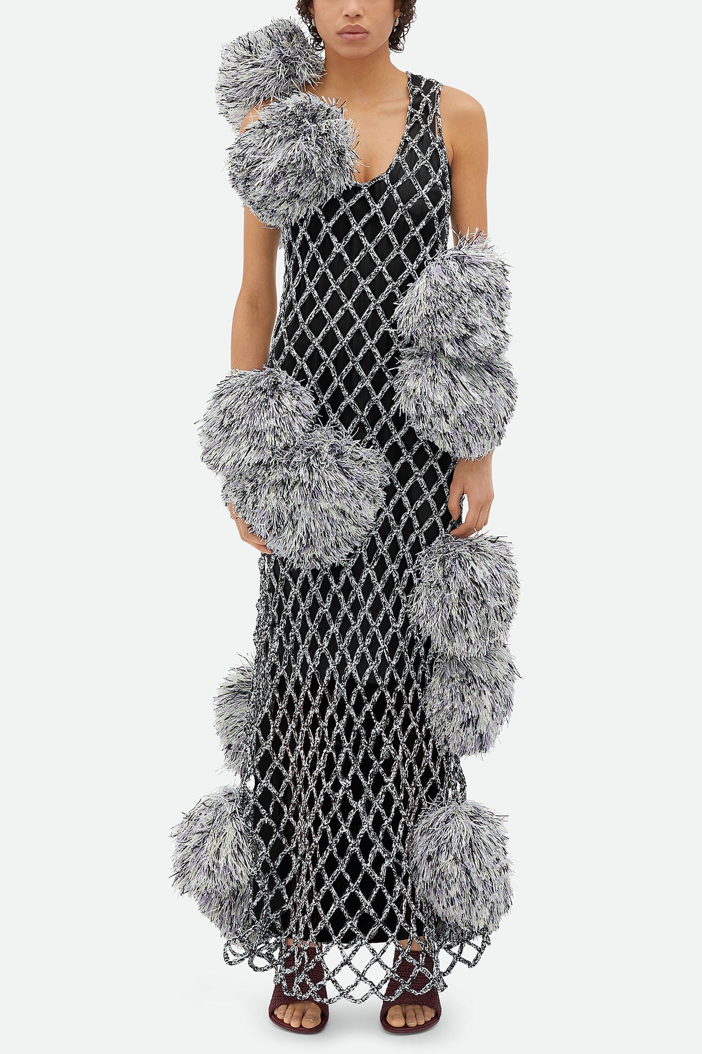 Paper Mesh Crochet Dress With Pompom