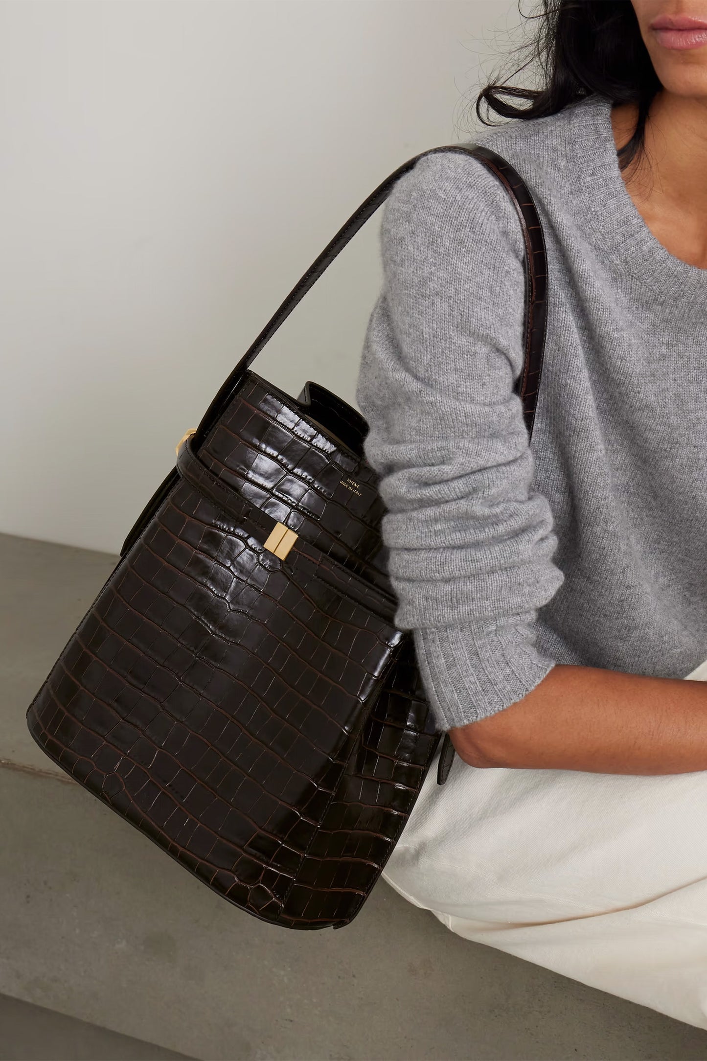 Belted croc-effect leather tote