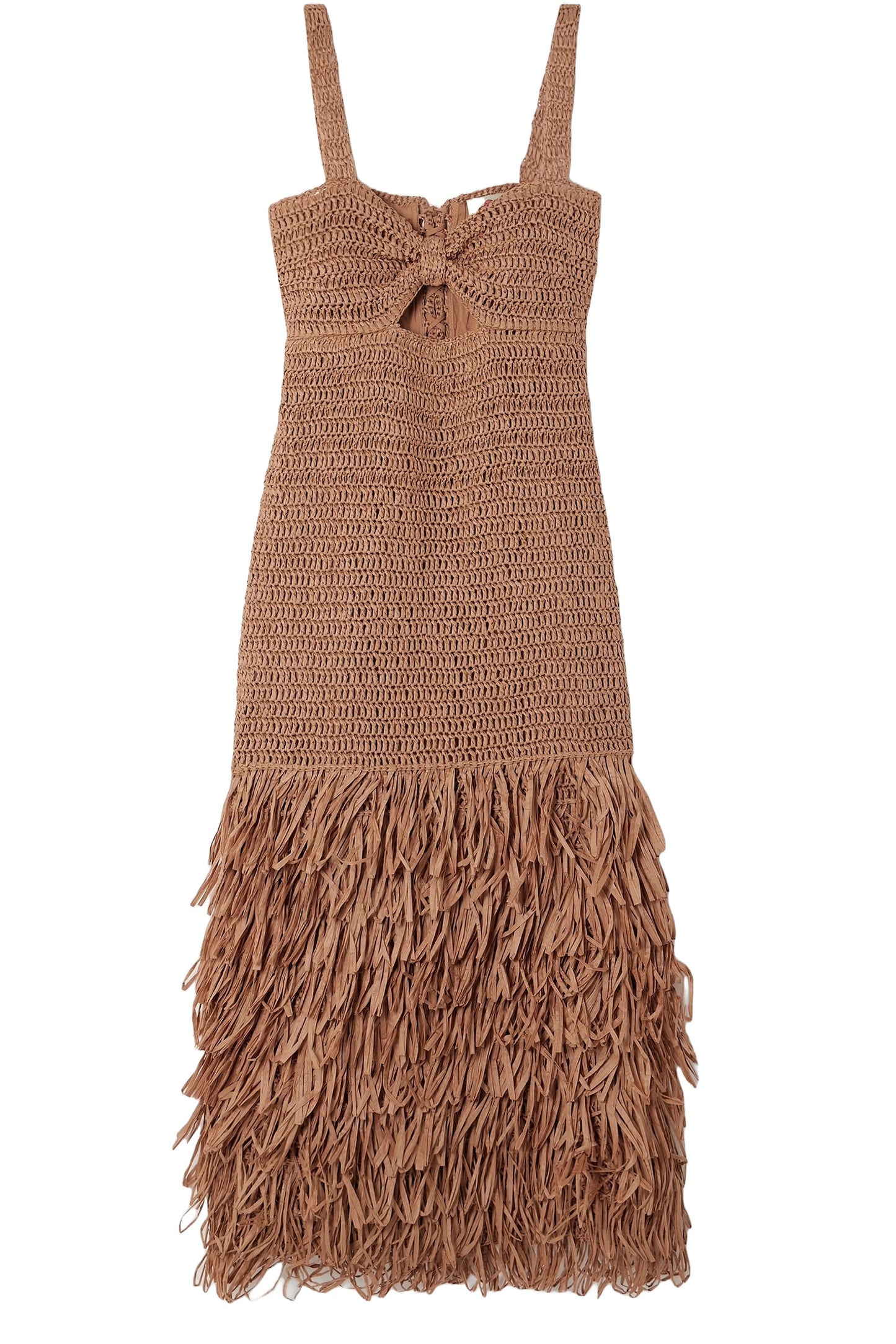Cutout Fringed Raffia Midi Dress