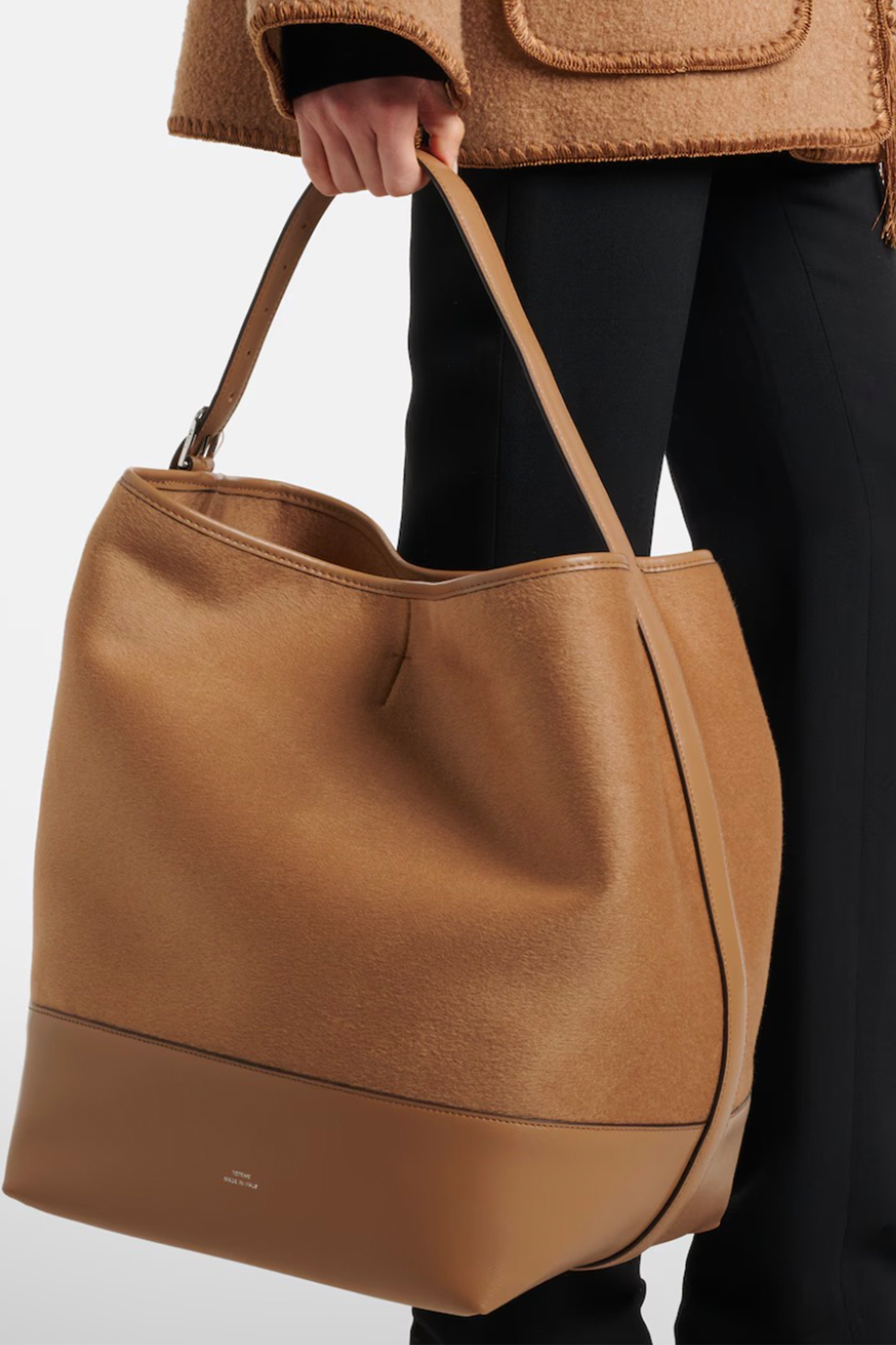 Belted Leather-Trimmed Wool Tote Bag