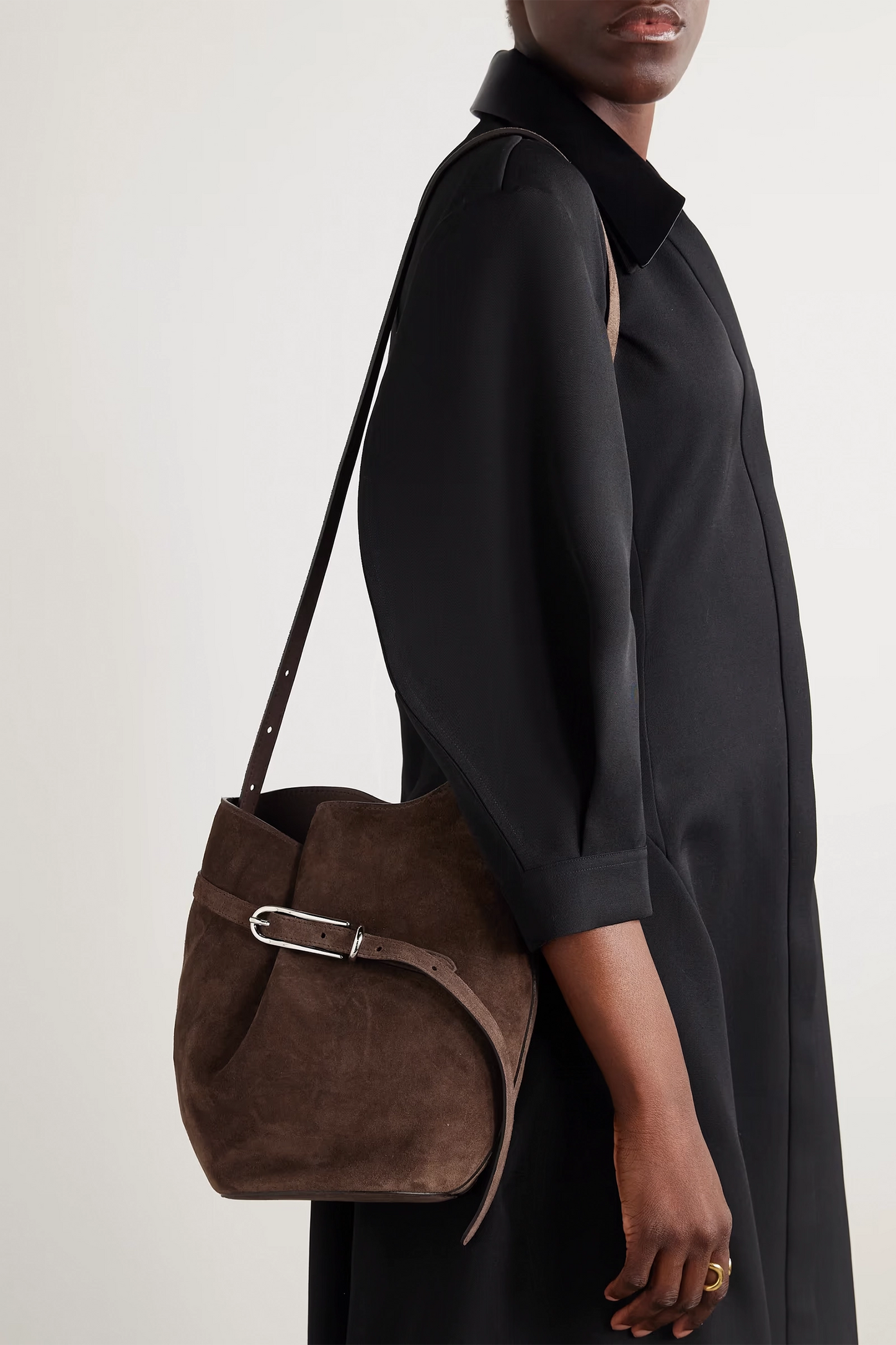 Brown Buckled Suede Bucket Bag
