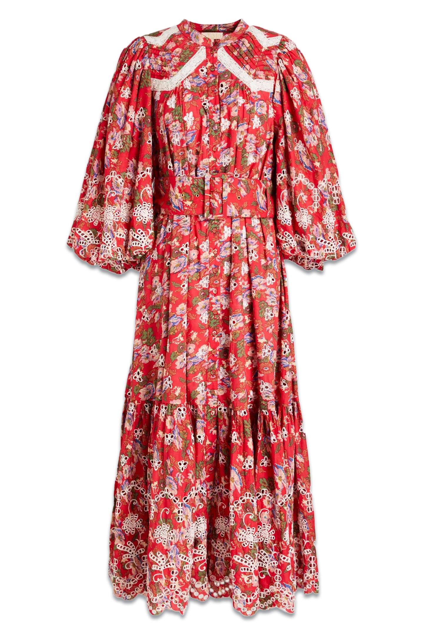 Belted Floral-print Broderie Anglaise Cotton Midi Dress