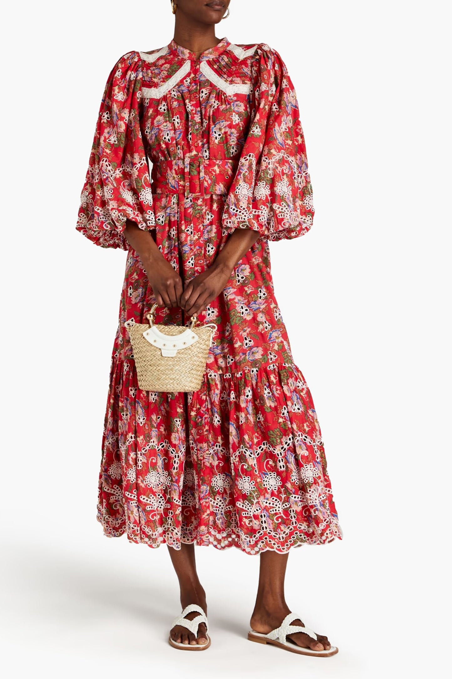 Belted Floral-print Broderie Anglaise Cotton Midi Dress