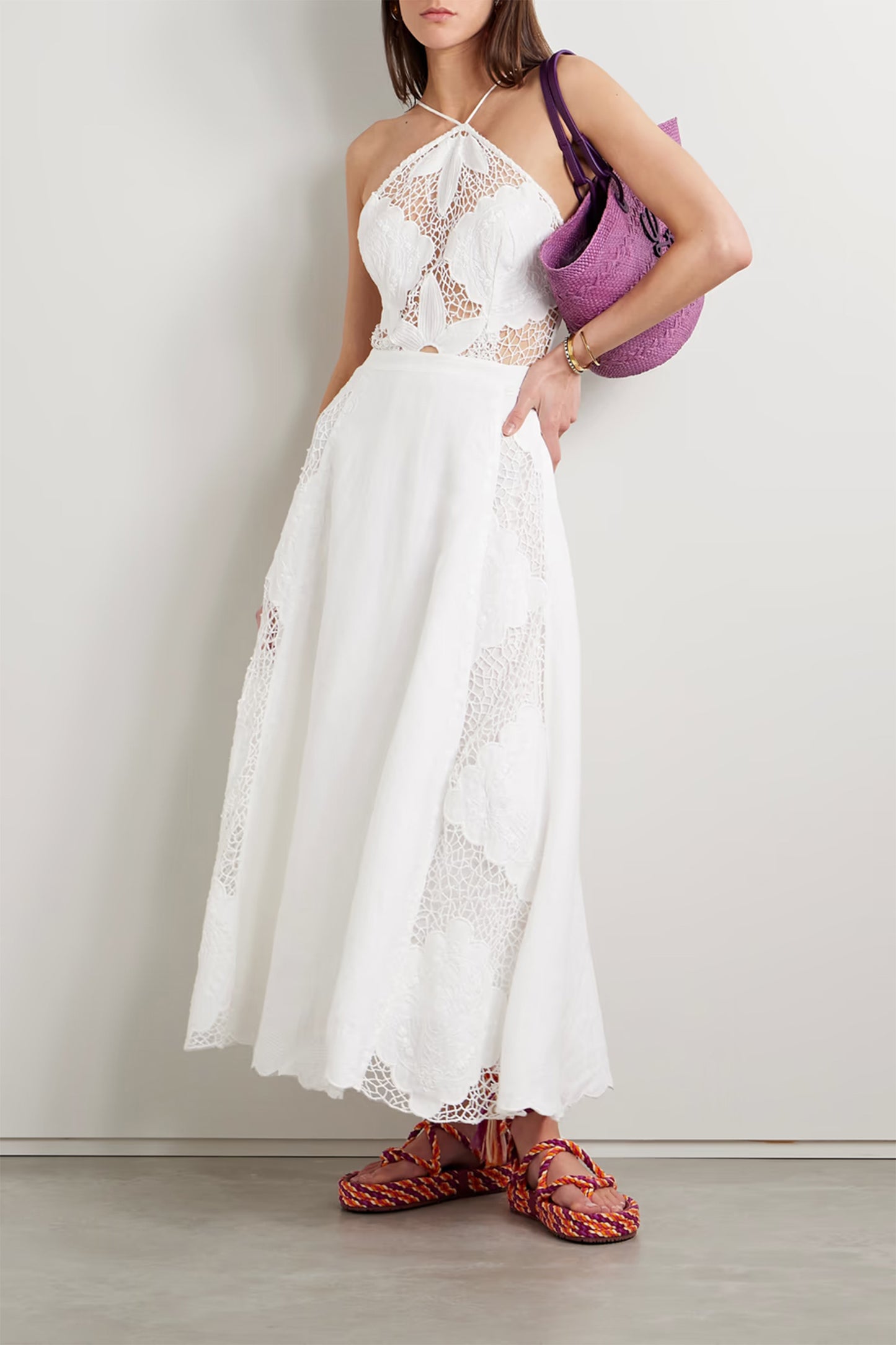 Embroidered Crochet-trimmed Linen Midi Dress
