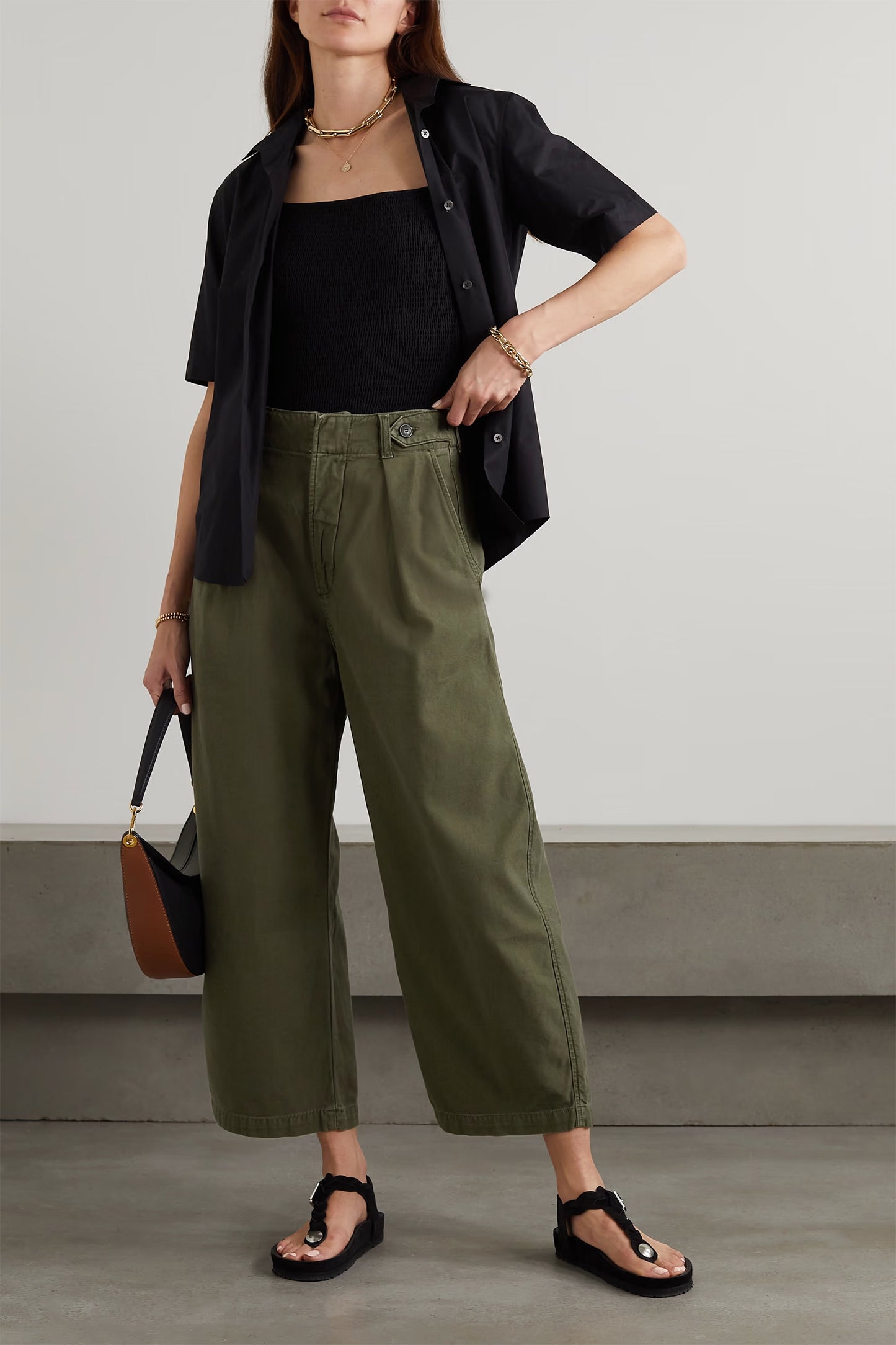 Green Payton Cropped Pleated Cotton Boyfriend Pants
