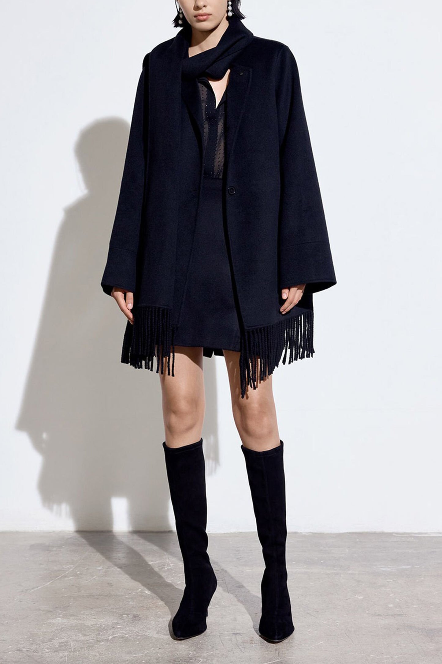 Black Double Face Wool Fringe Coat