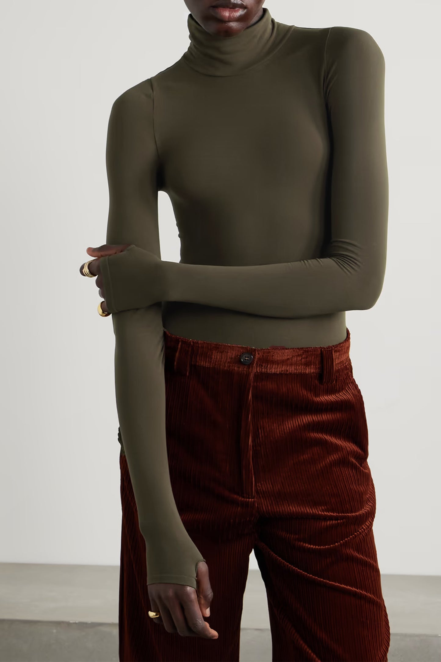 Stretch-jersey Turtleneck Thong Bodysuit