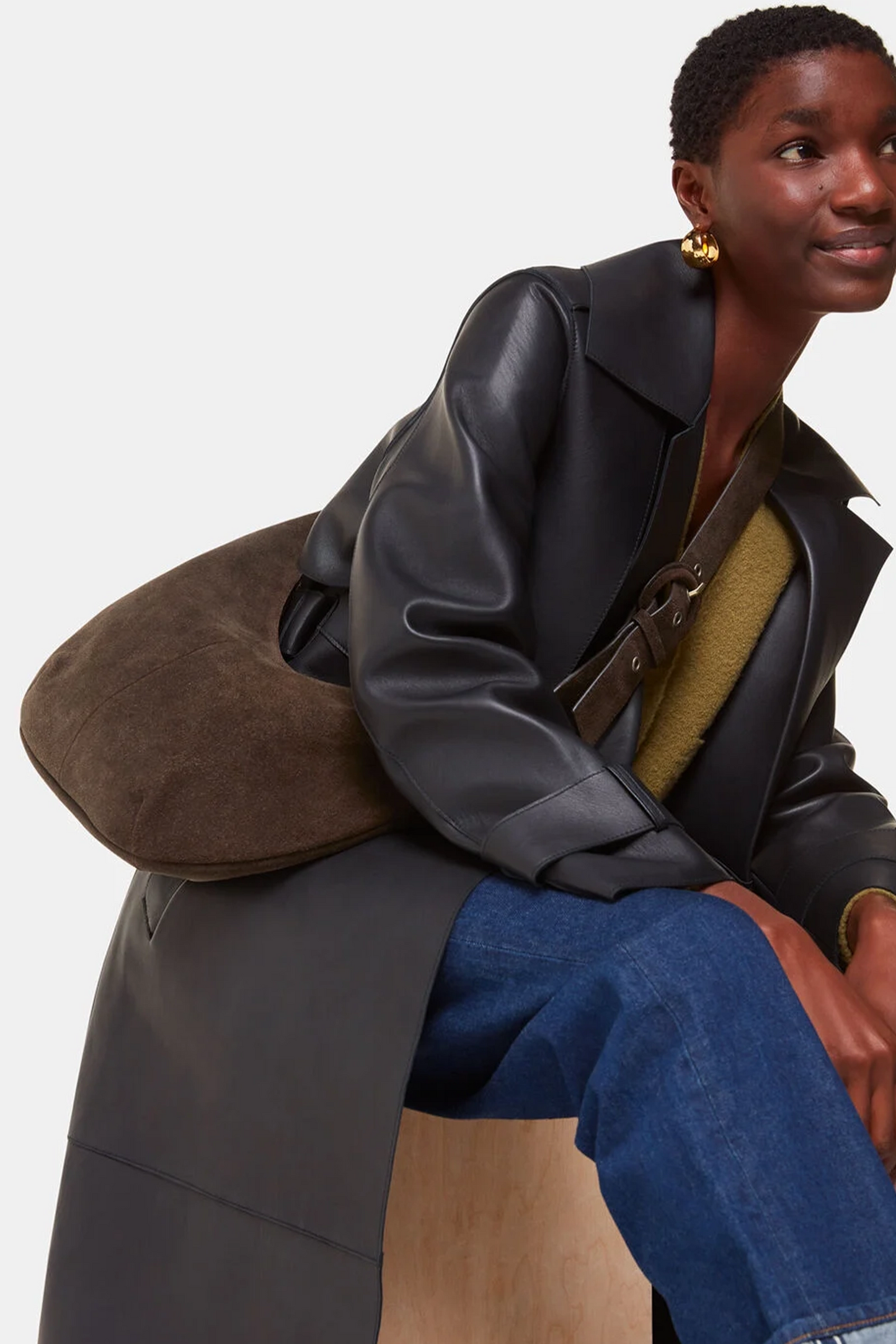 Chocolate Sia Suede Curved Crossbody Bag
