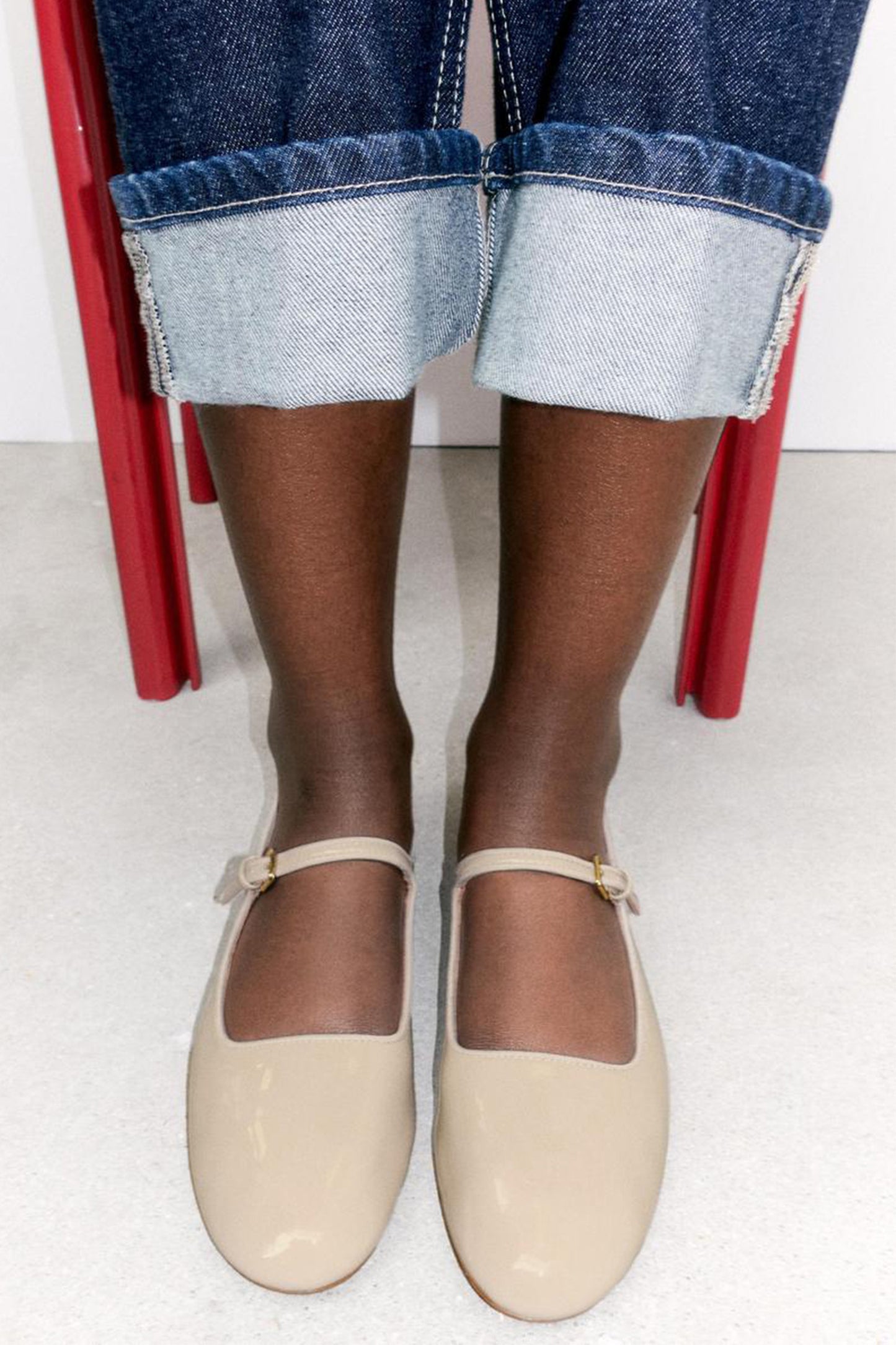 Faux Patent Ballet Flats With Ankle Strap
