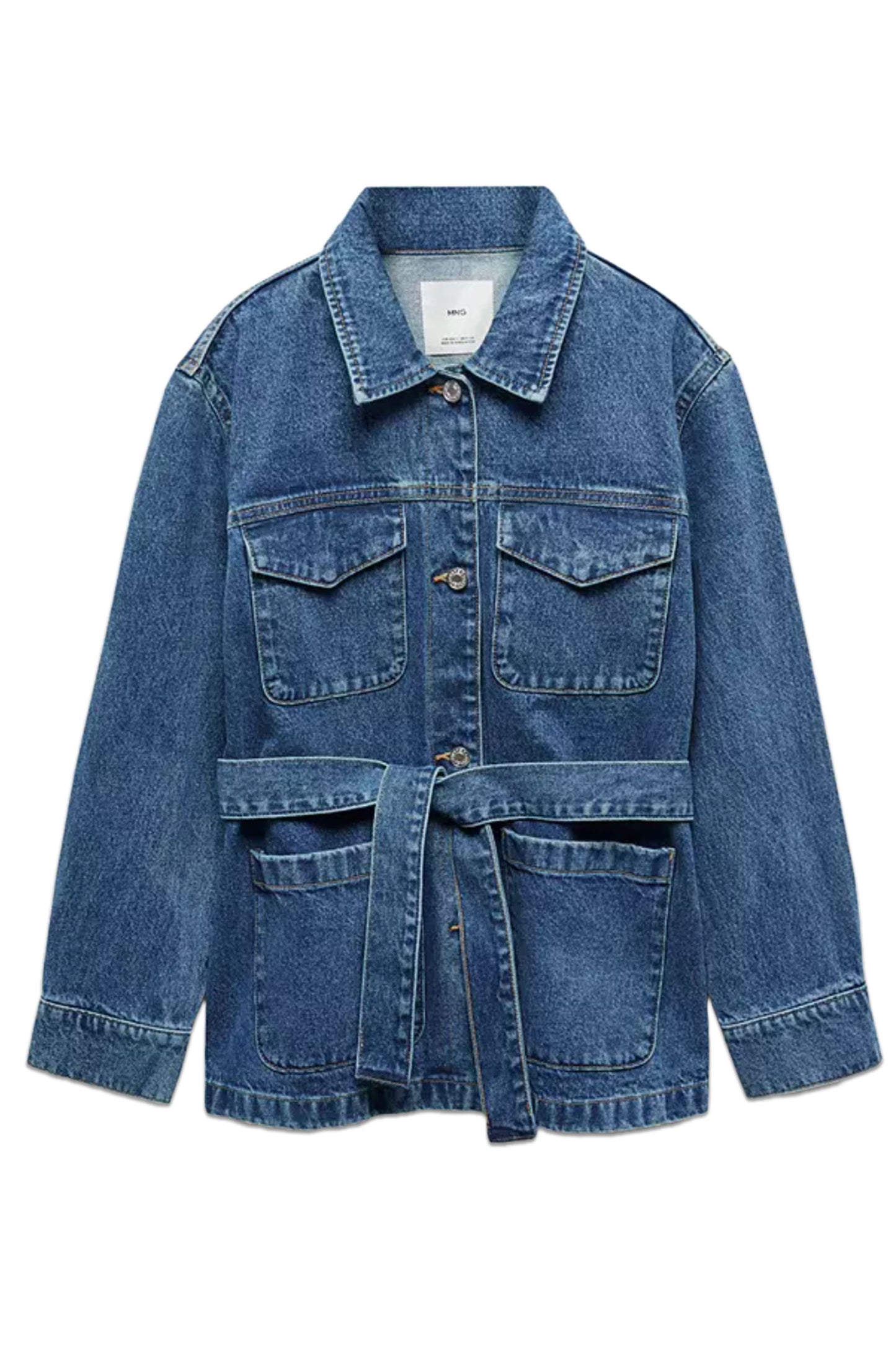 Mango Susan Belted Denim Jacket, Open Blue