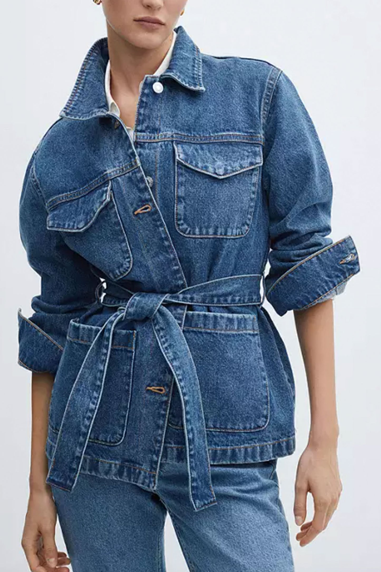 Mango Susan Belted Denim Jacket, Open Blue