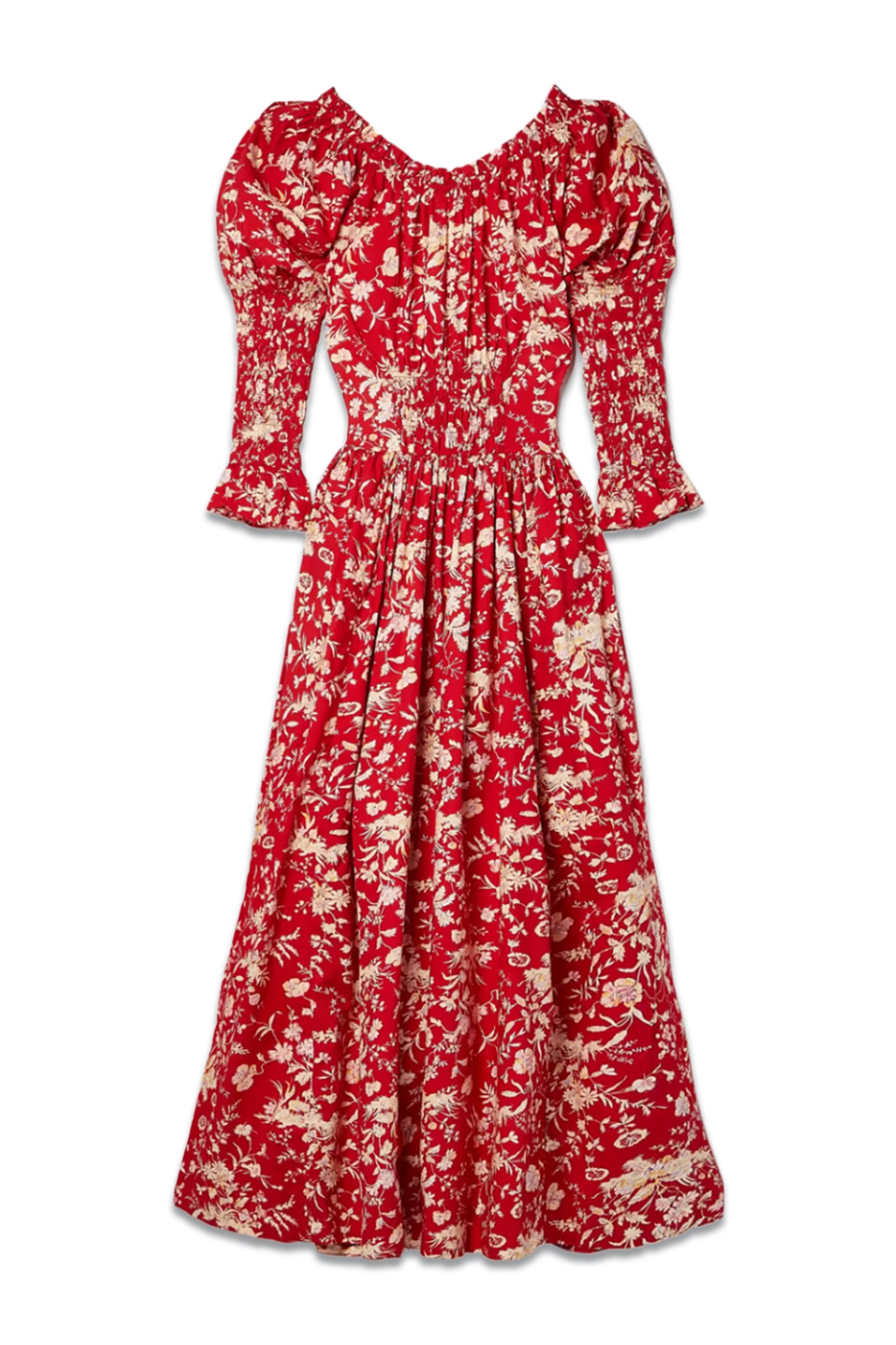 Meribel Shirred Floral-Print Cotton-Poplin Midi Dress
