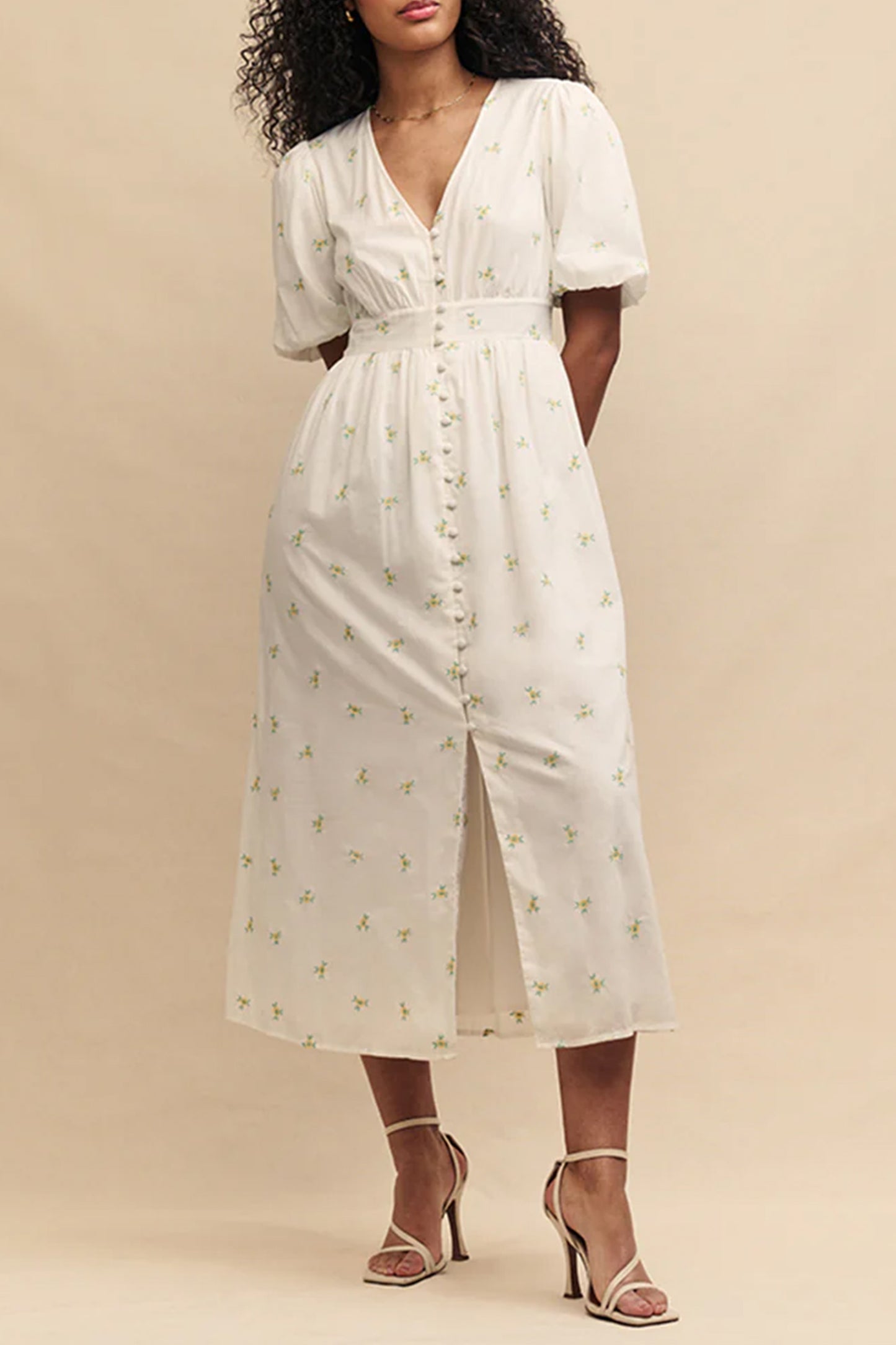 White Ditsy Floral Embroidered Arabella Midi Dress