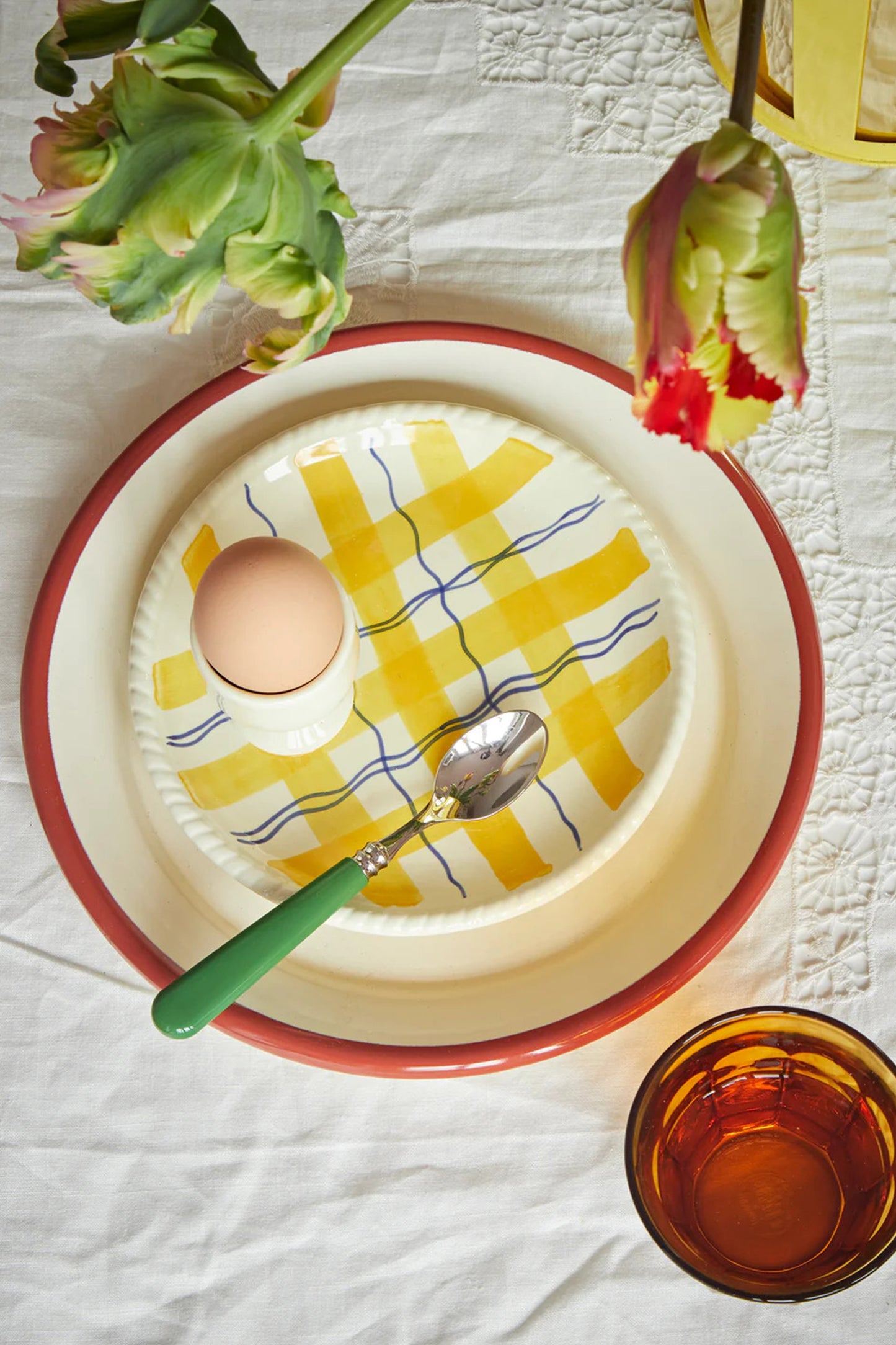 Egg Cup Plate, Yellow Tartan