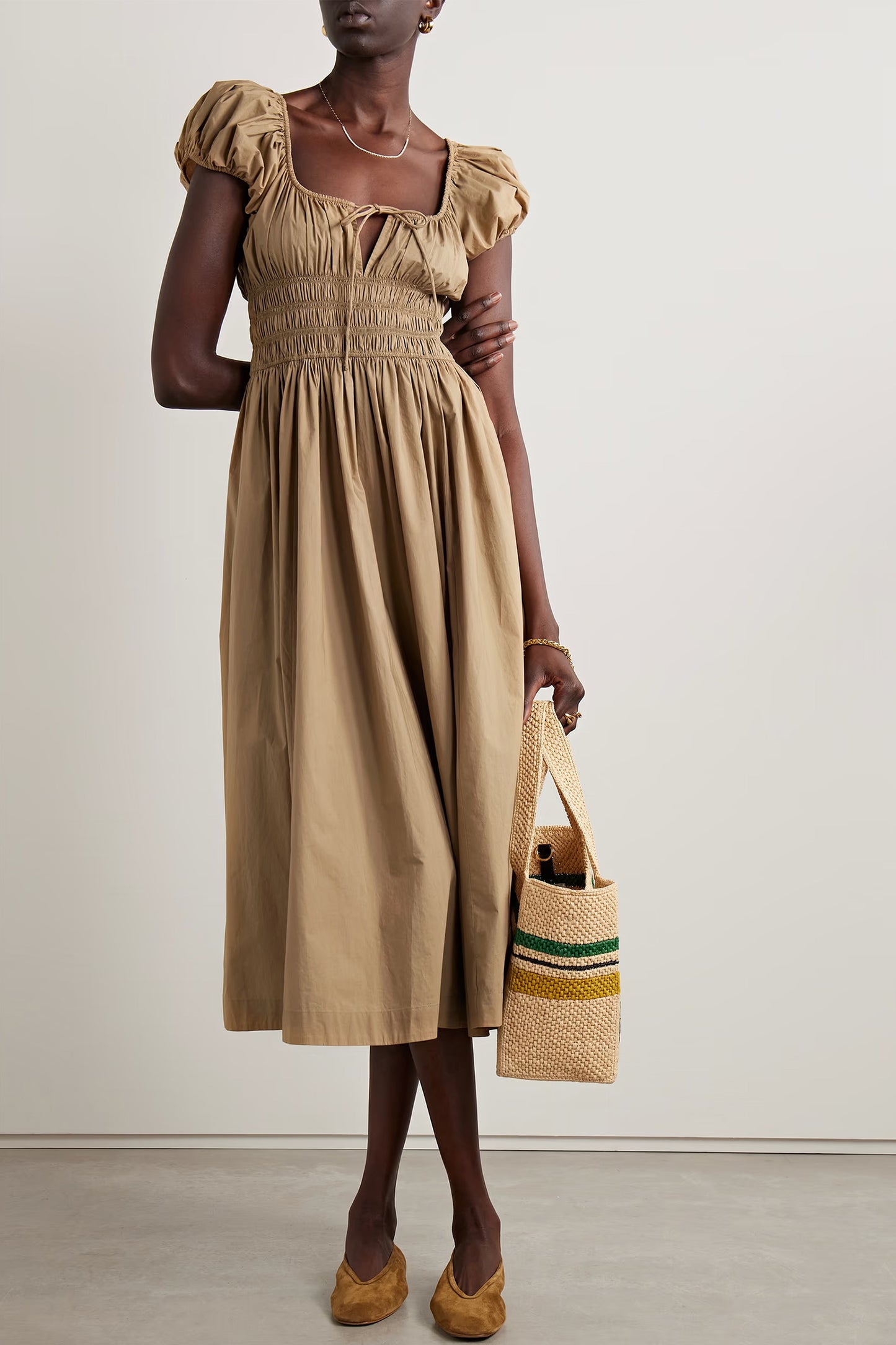 + NET SUSTAIN Quinn Tie-detailed Shirred Organic Cotton-poplin Midi Dress