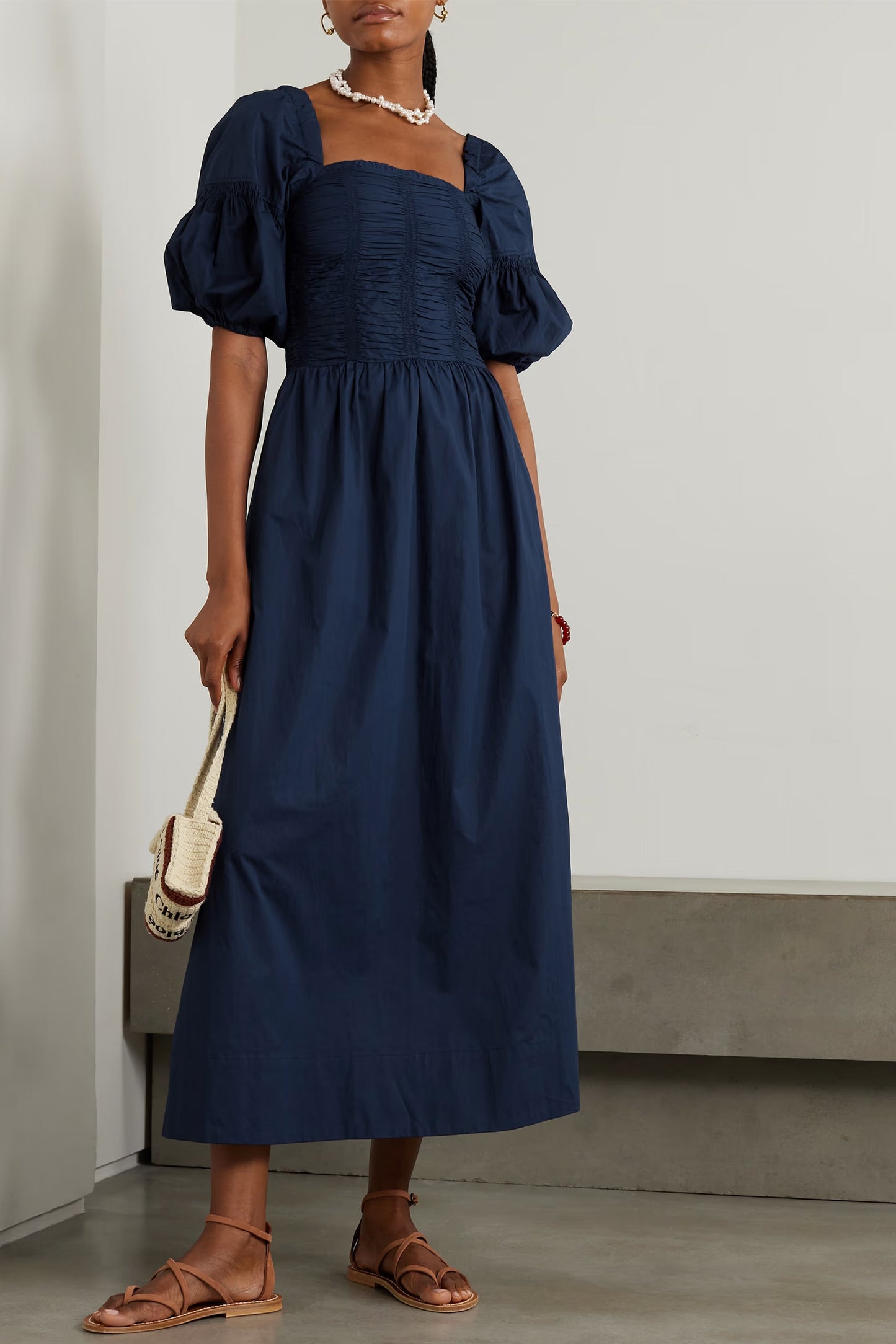+ NET SUSTAIN Belisario Smocked Organic Cotton-poplin Midi Dress