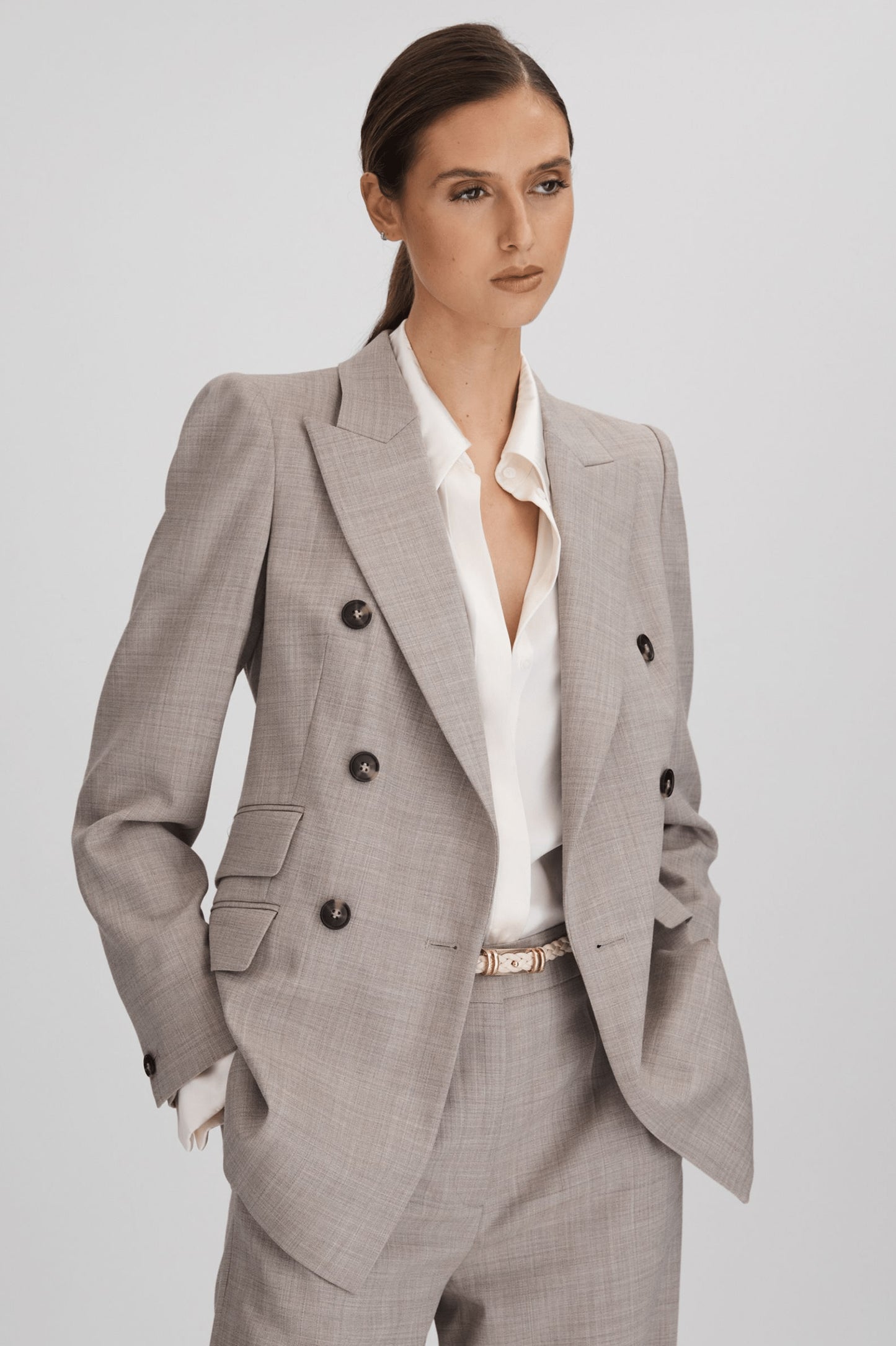 Tailored Wool Blend Double Breasted Suit Blazer & Hazel Wool Blend Wide Leg Suit Trousers