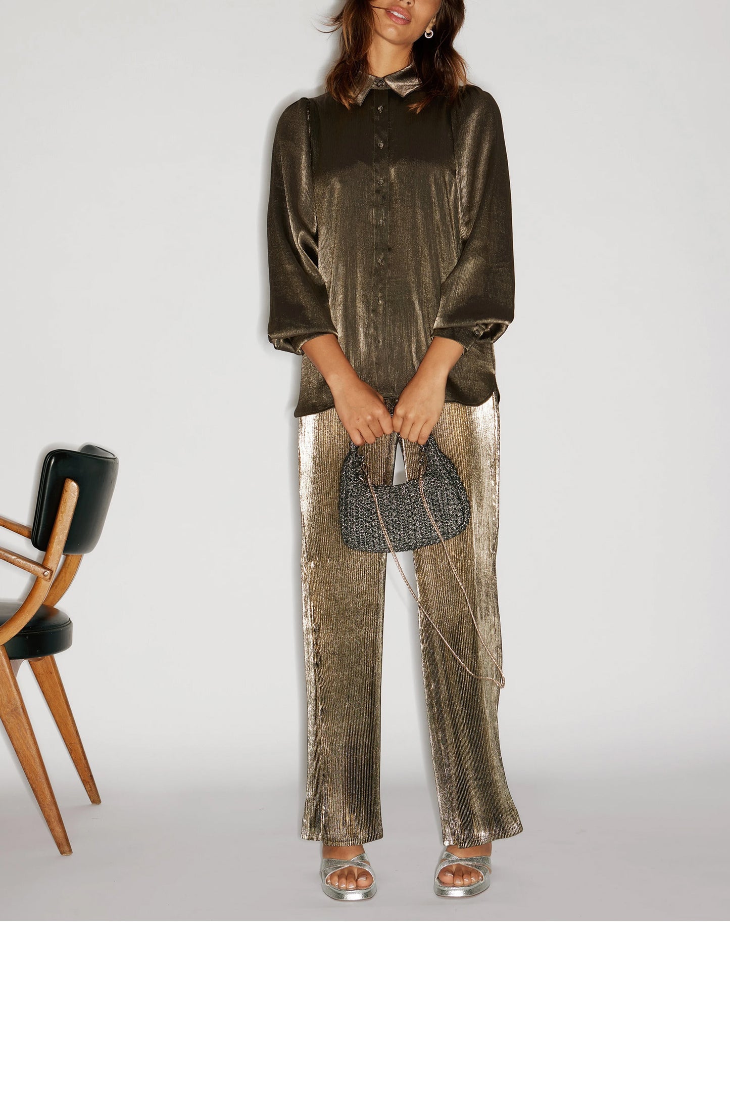 Gold Shimmer Plisse Wide Leg Trouser