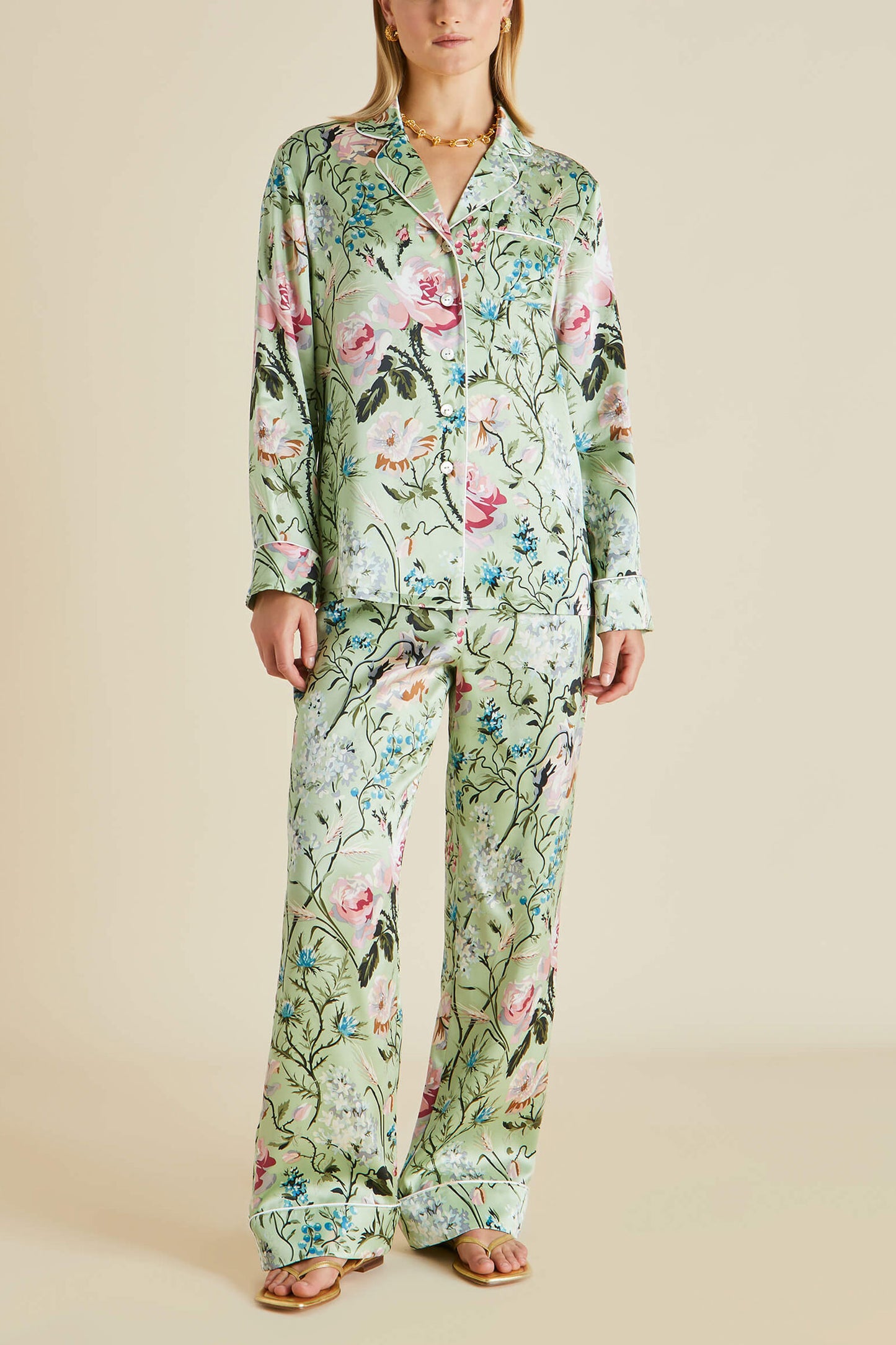 Lila Effie Green Floral Silk Satin Pyjamas