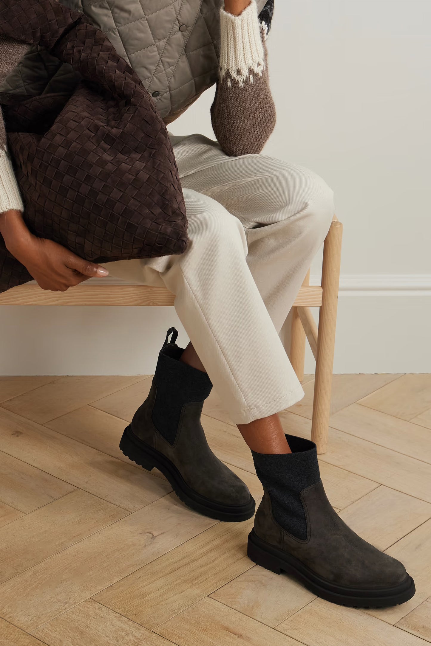 Bead-Embellished Knit-Trimmed Suede Chelsea Boots