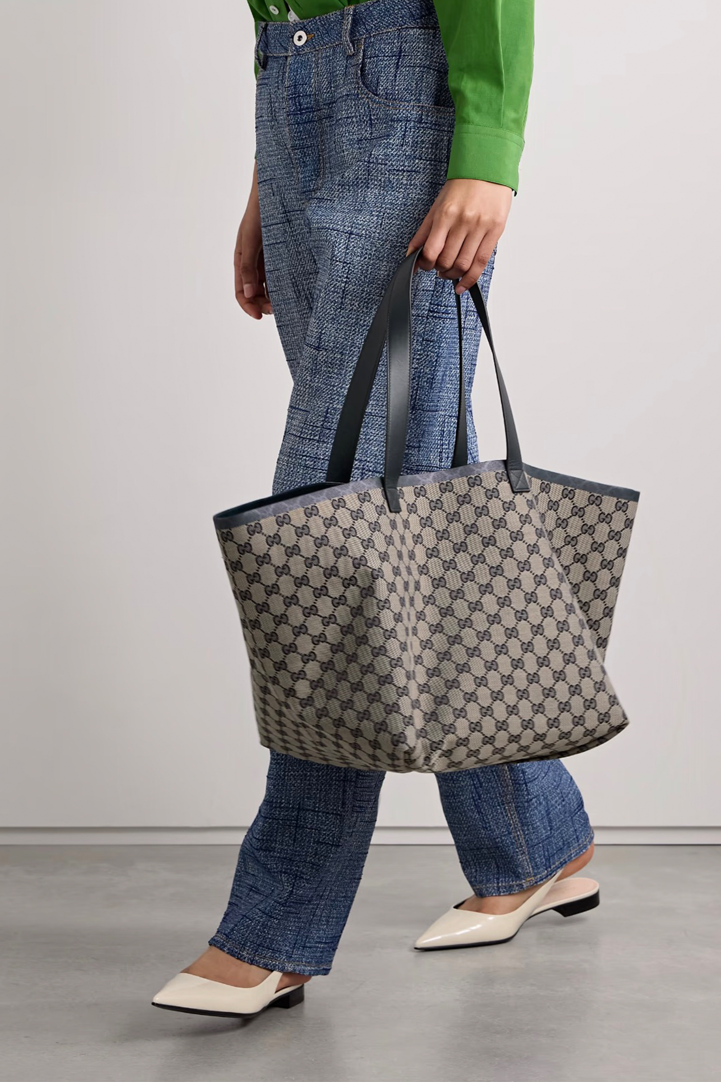 Reversible Leather-Trimmed Coated Canvas-Jacquard Tote