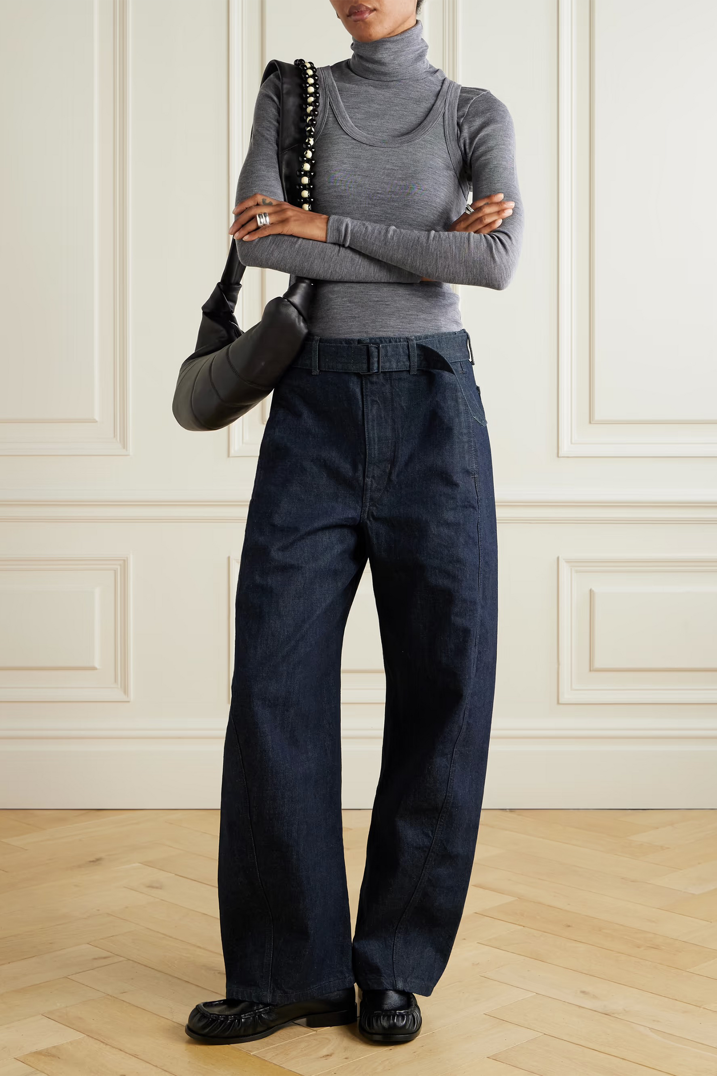 Twisted Belted Mid-Rise Barrel-Leg Jeans