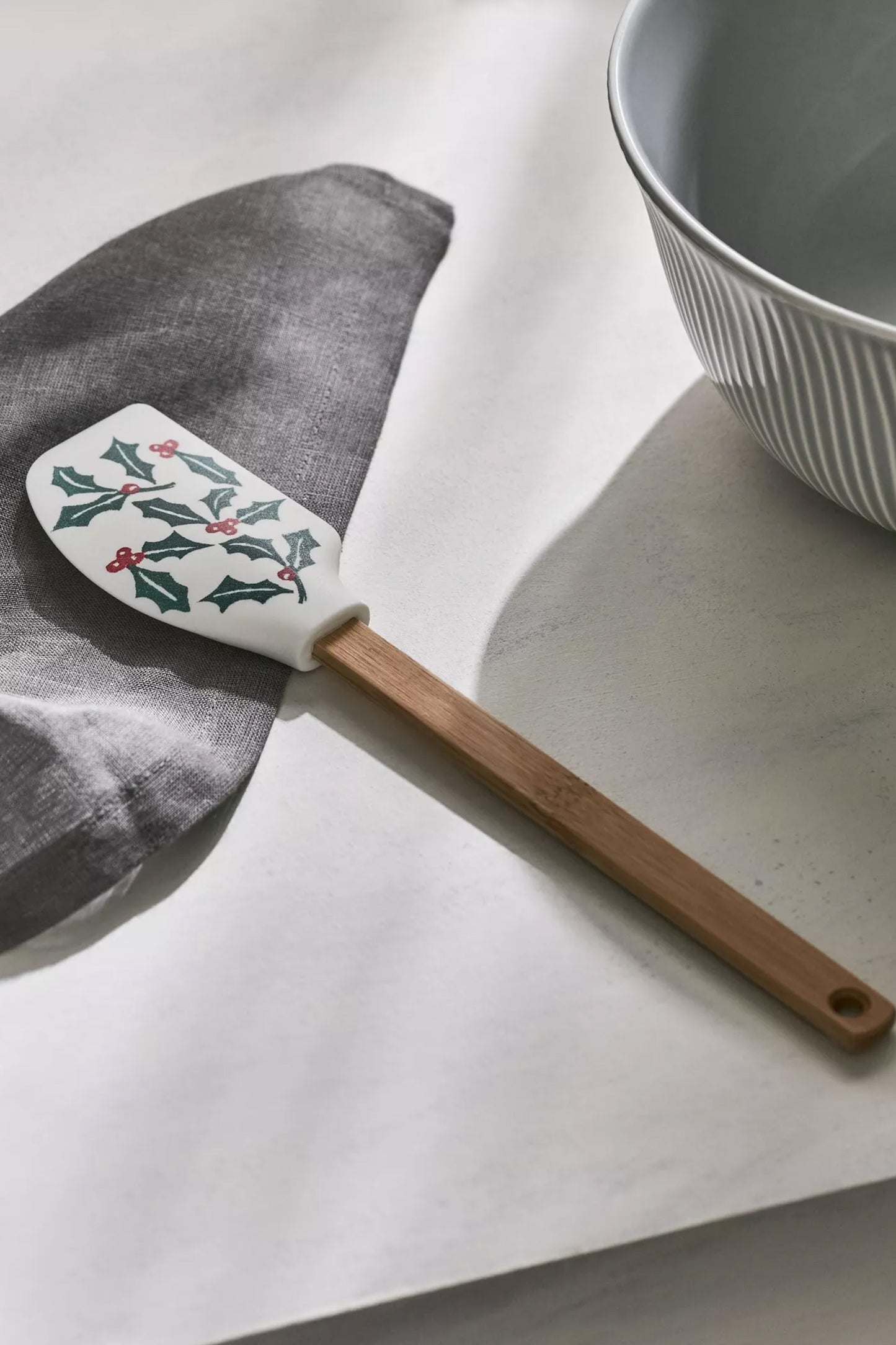 John Lewis Christmas Baking Holly Silicone Head Spatula with Bamboo Handle