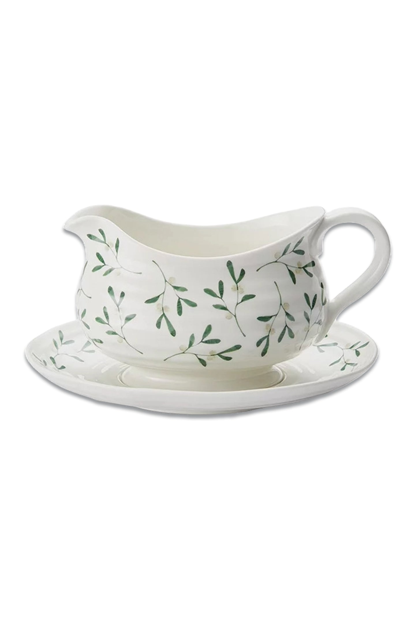 Sophie Conran for Portmeirion Mistletoe Porcelain Gravy Boat & Stand, 550ml, White/Green
