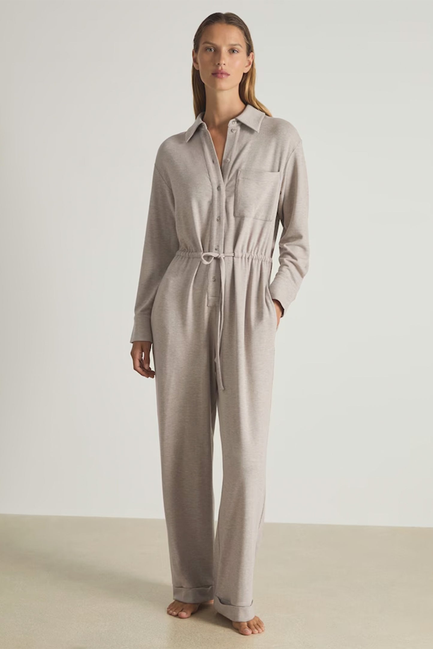 Thermal Jersey Drawstring Jumpsuit in Fawn