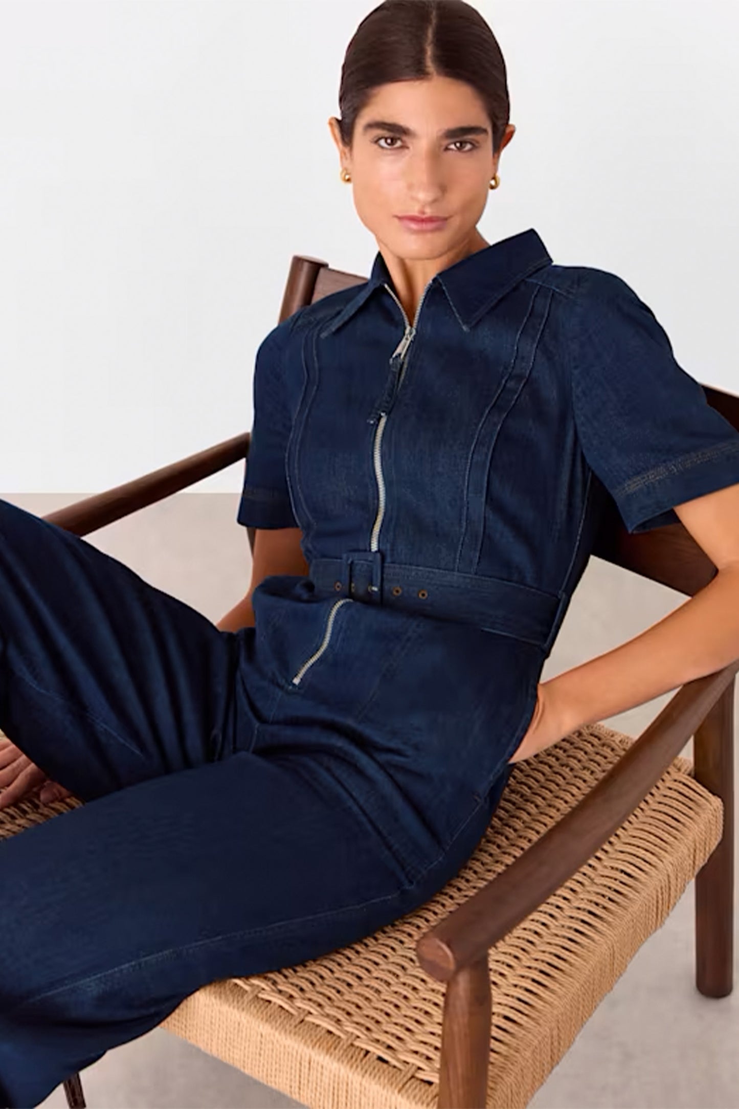 Denim Pintuck Belted Jumpsuit