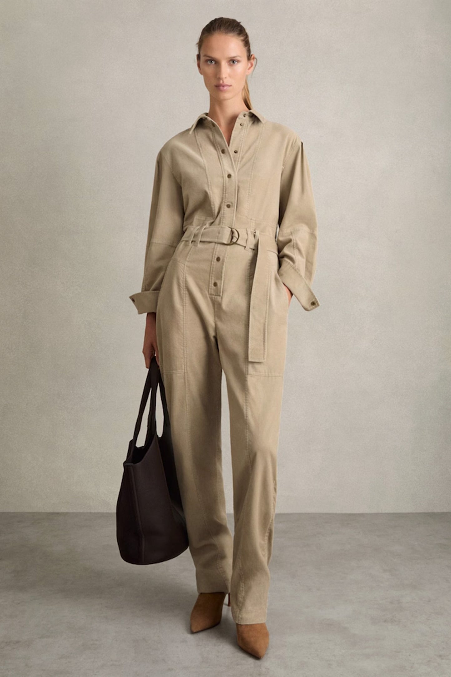 Cotton Corduroy Tapered Jumpsuit With Stretch in Neutral