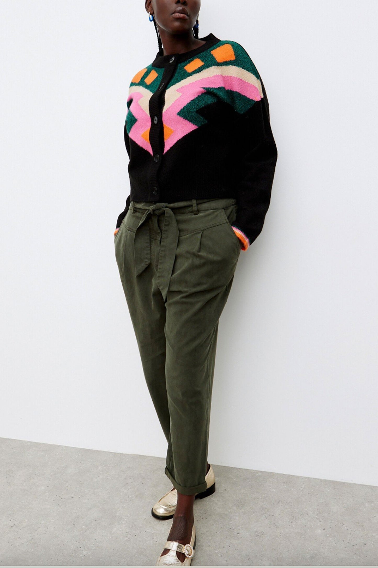 Tie Waist Dark Green Tapered Leg Trousers