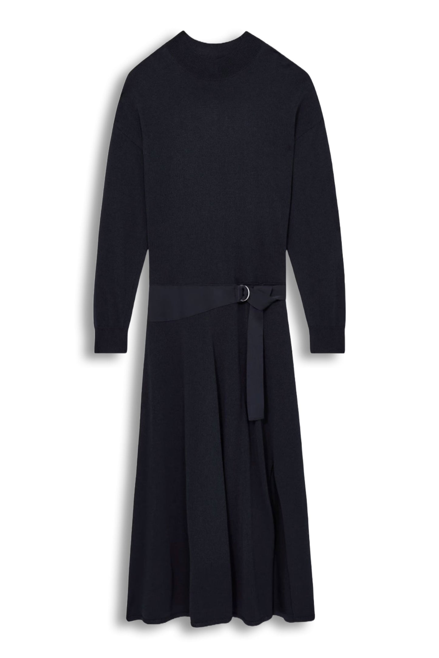 Alina Compact-Knit Belted Midi Dress in Navy