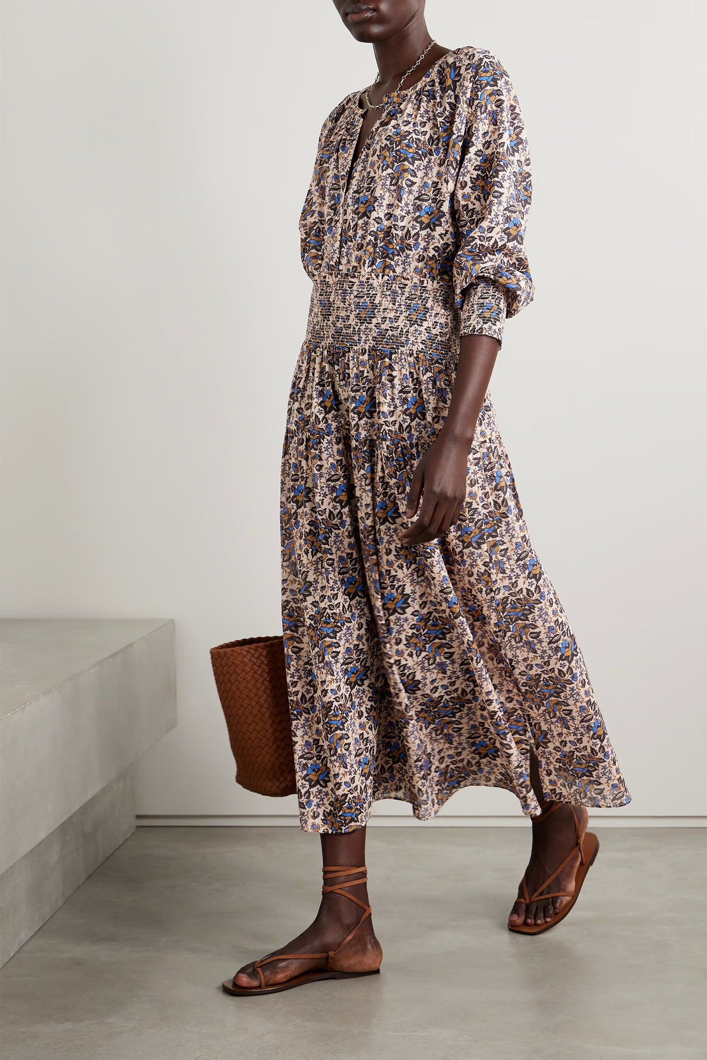 La Ventura Shirred Floral-print Organic Cotton-voile Maxi Dress