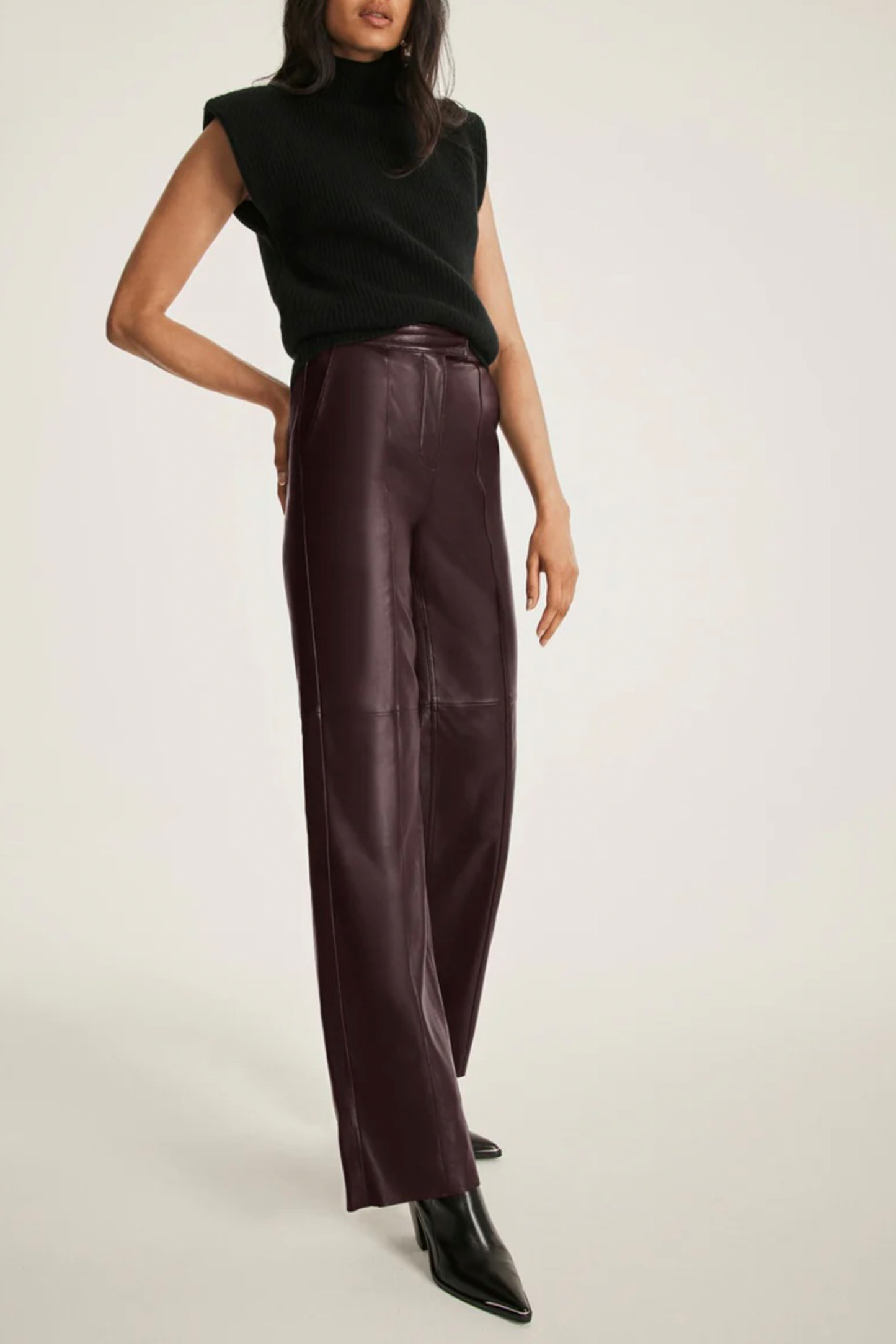 Burgundy Leather Straight Trousers