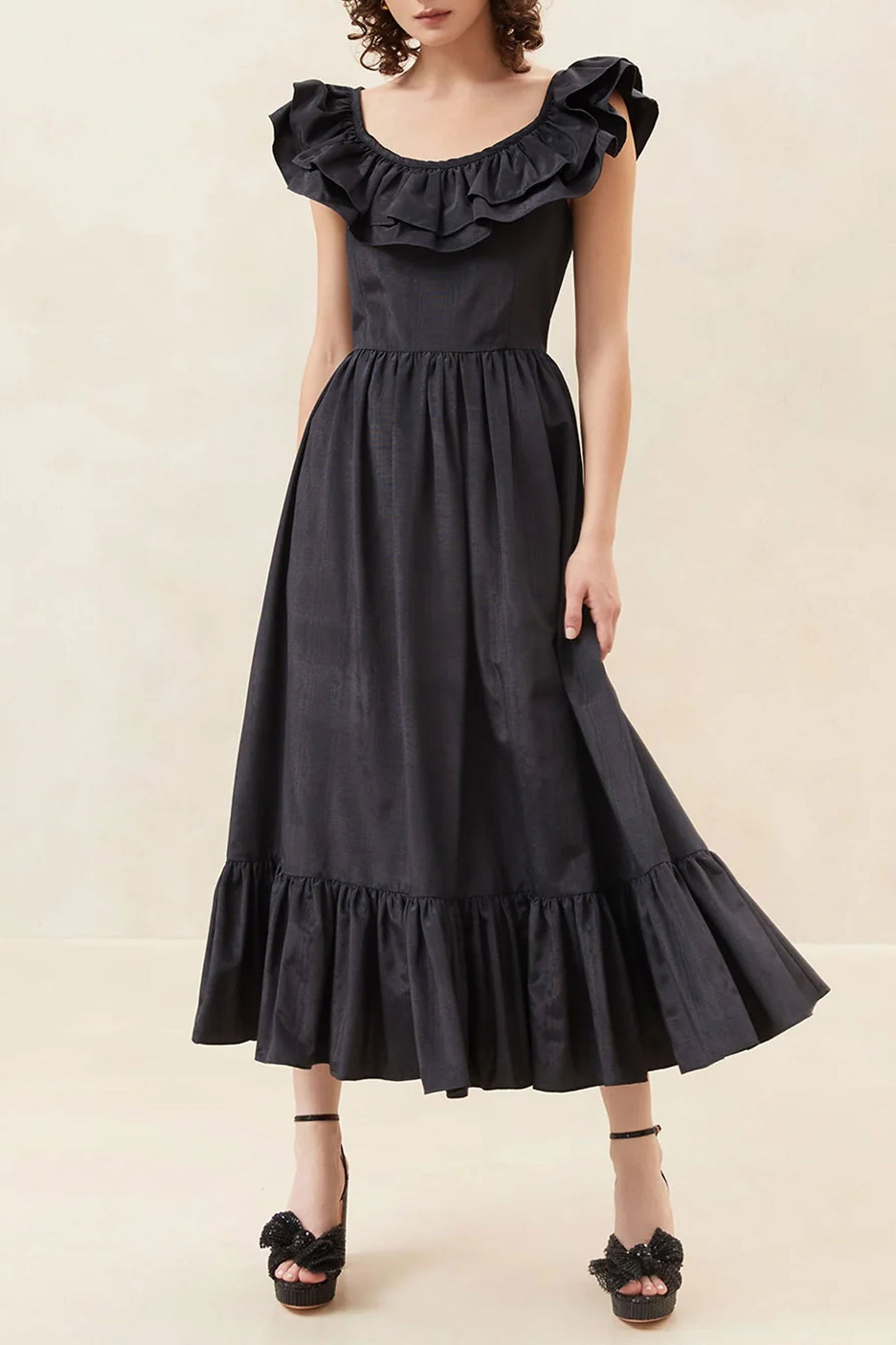 Serene Black Moiré Ruffle Dress