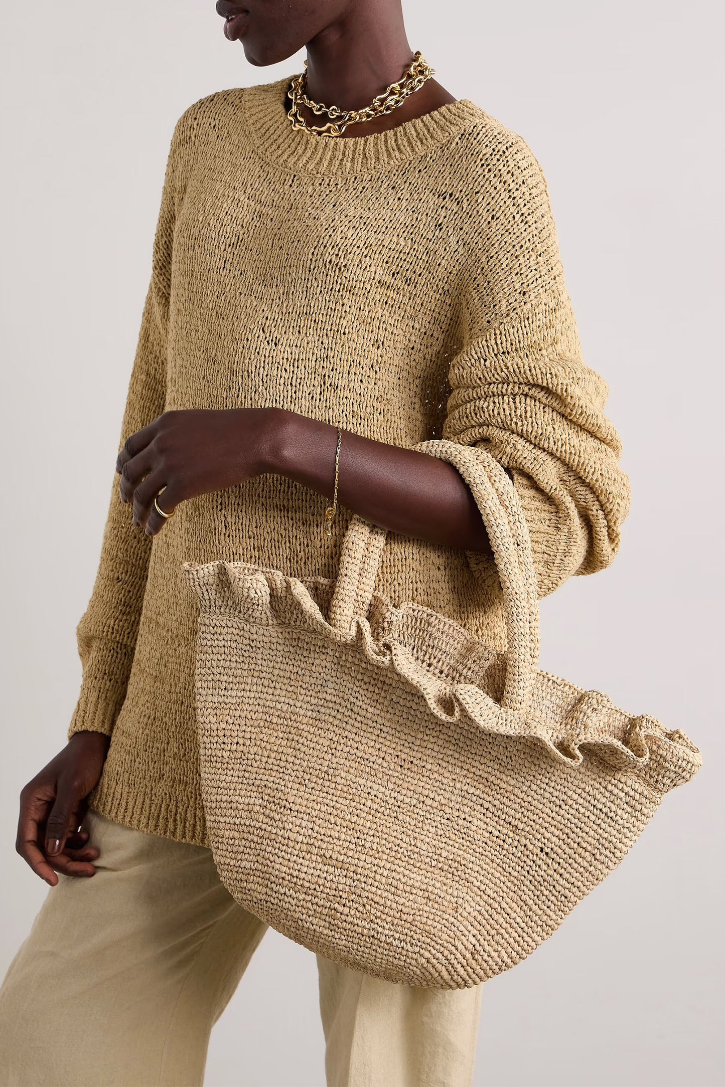 Cyris Ruffled Crocheted Raffia Tote