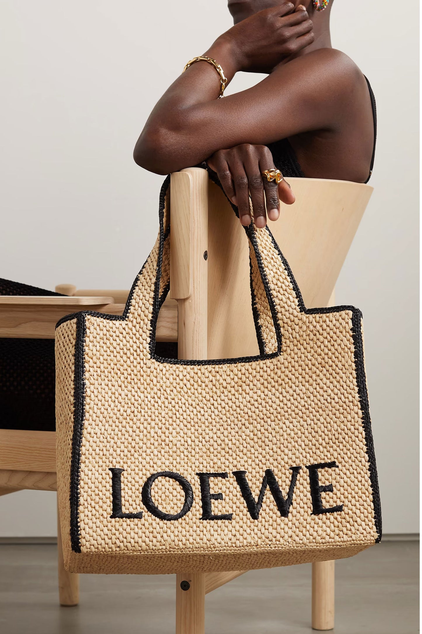 Embroidered Two-tone Raffia Tote