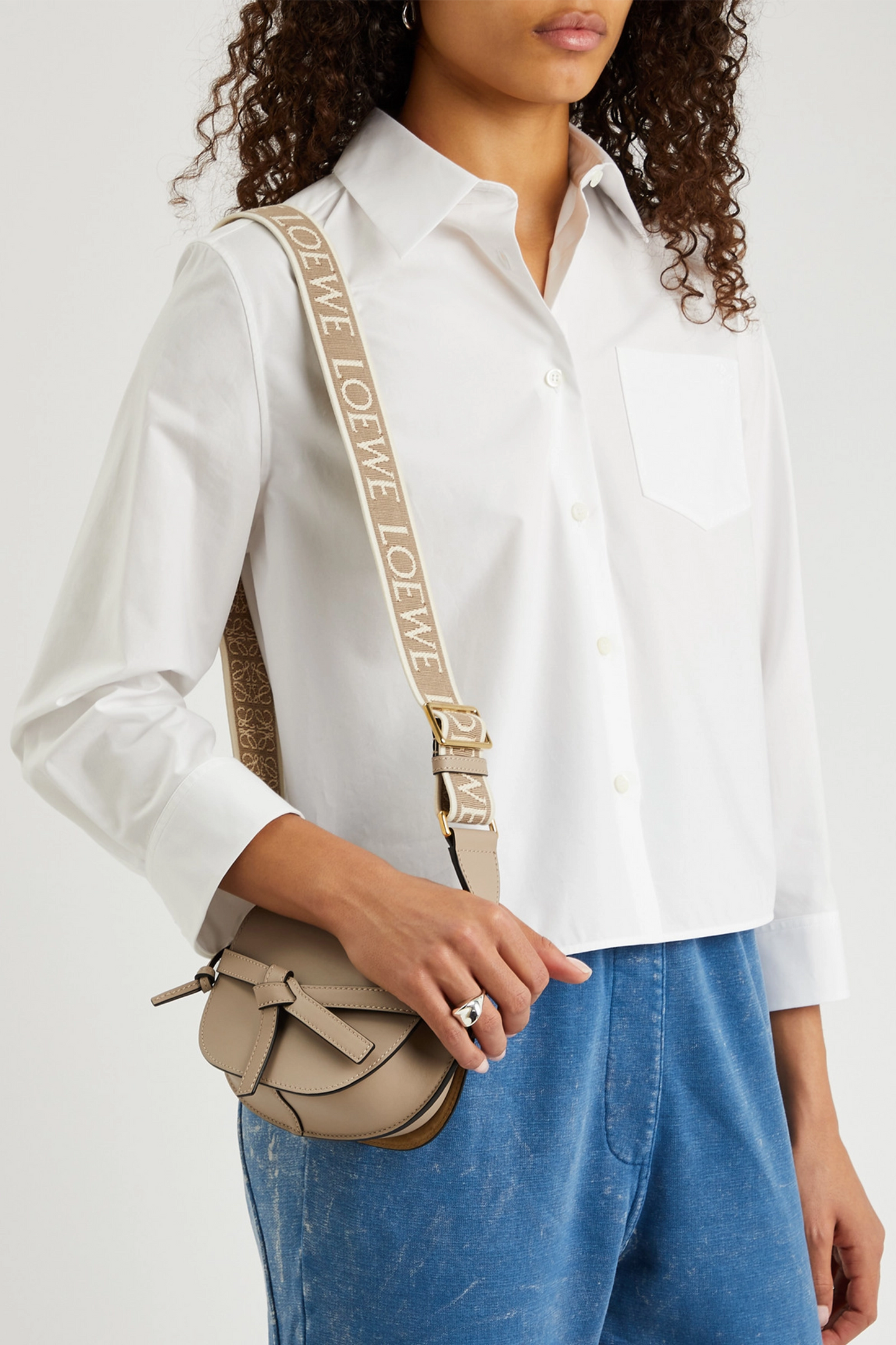 Gate mini canvas jacquard-trimmed leather shoulder bag