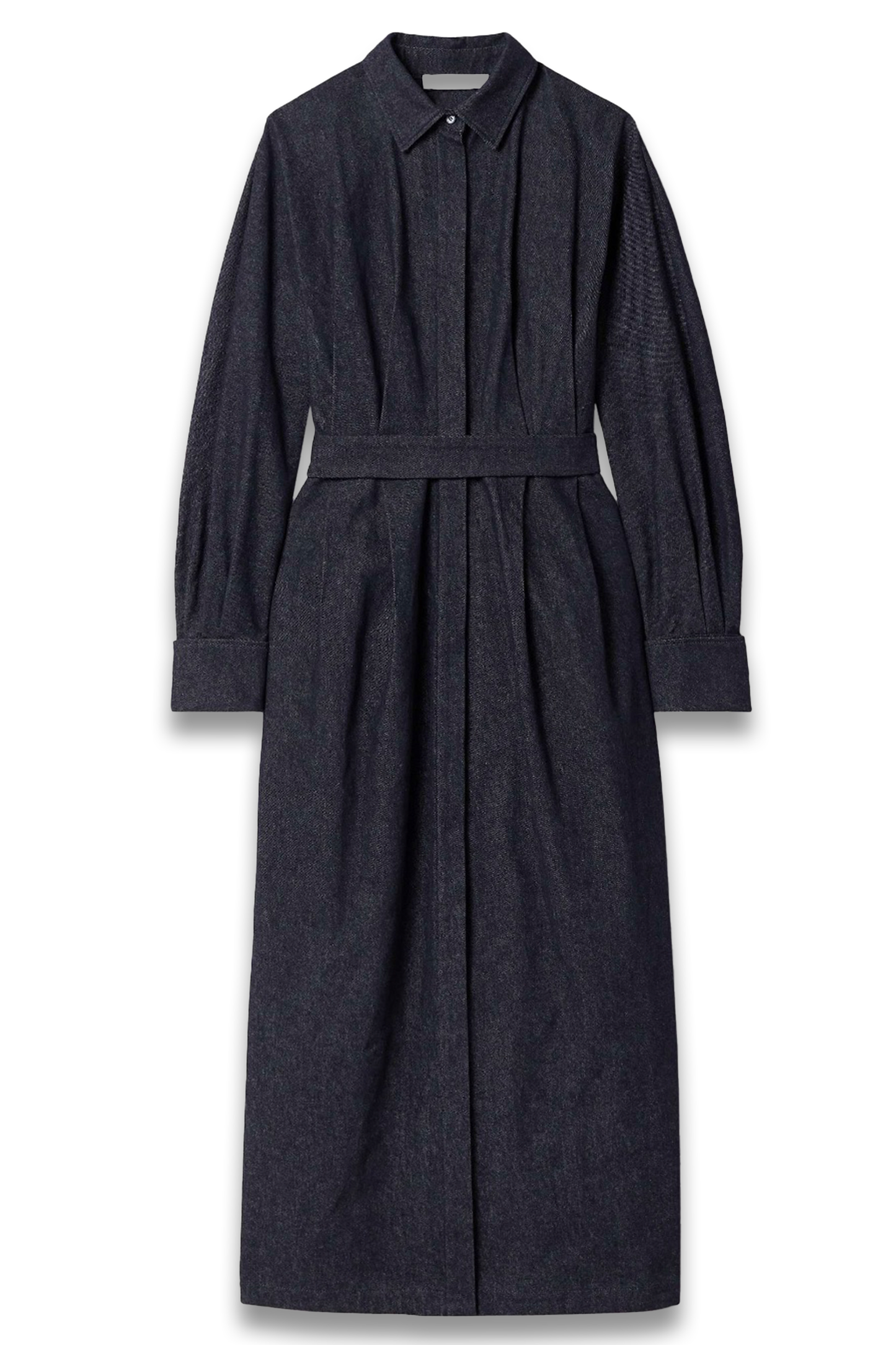 Belted Pleated Denim Midi Shirt Dress