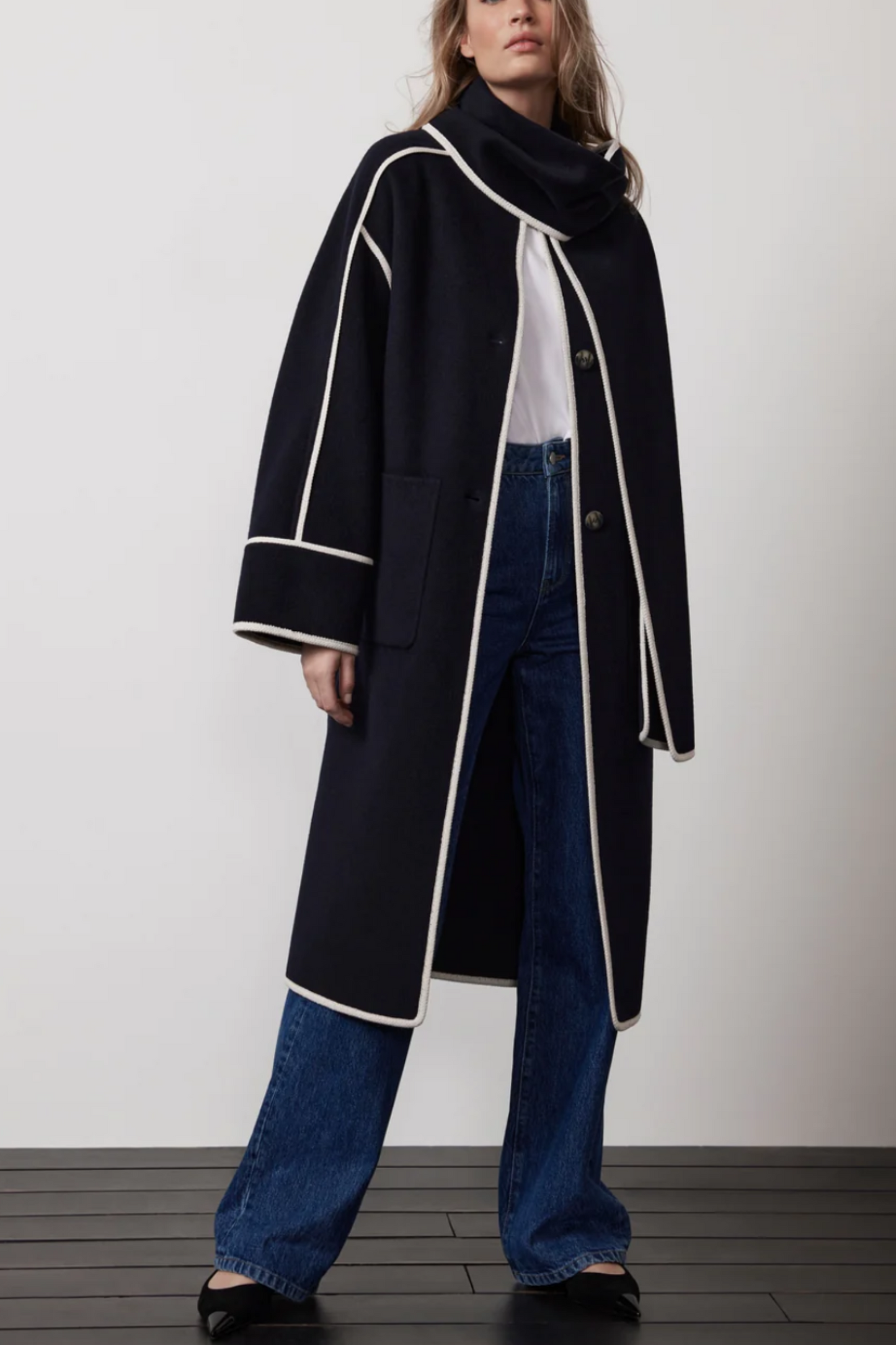 Navy Split Seam Scarf Coat