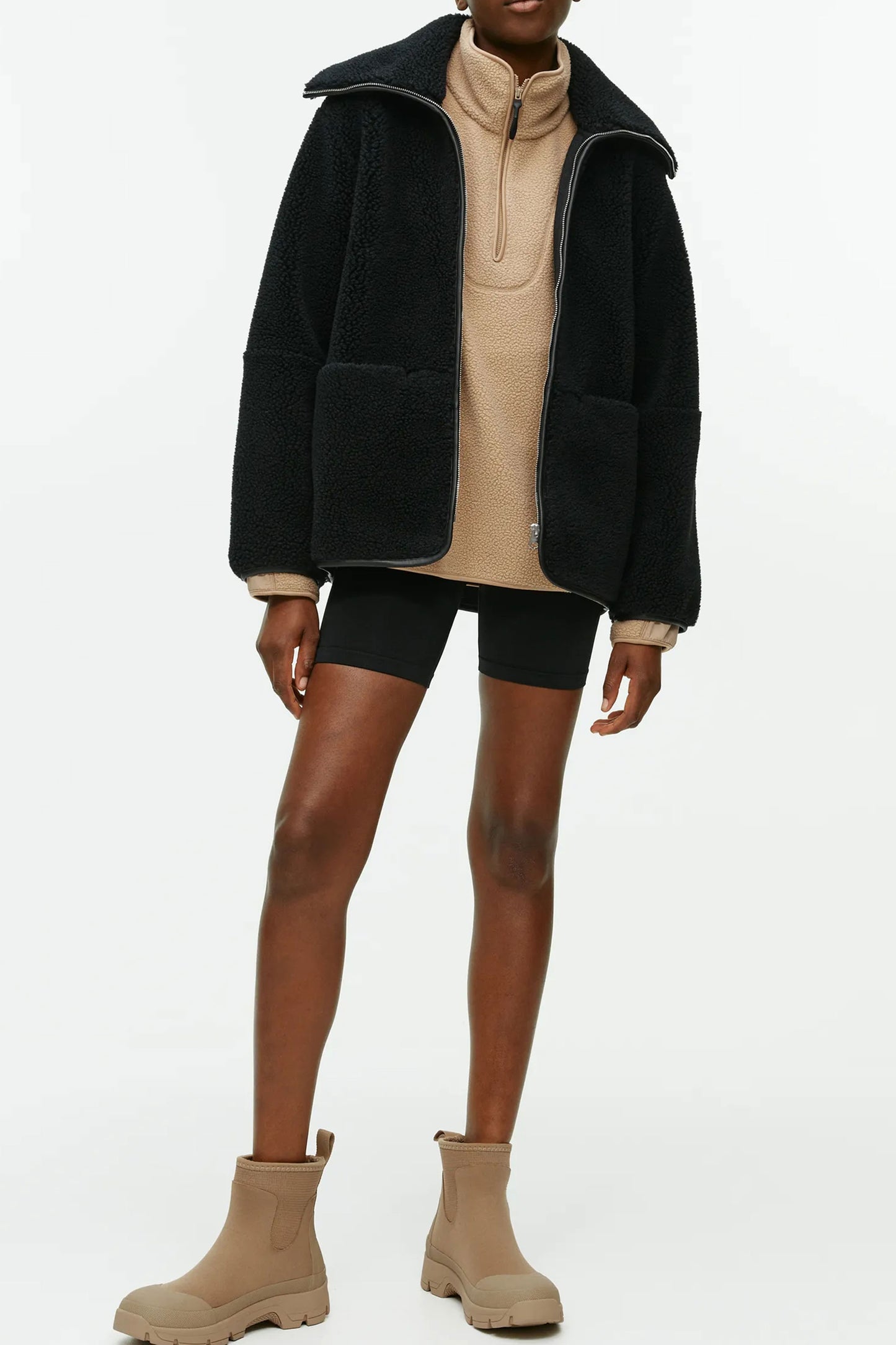 Leather Detailed Pile Jacket Black