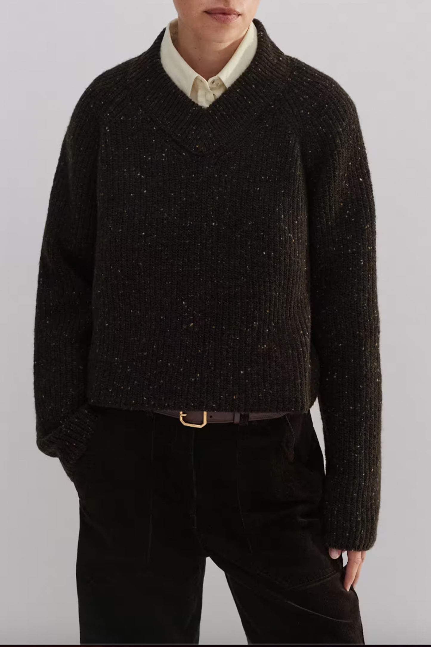 Soft Donegal Tweed High V-Neck Crop Jumper