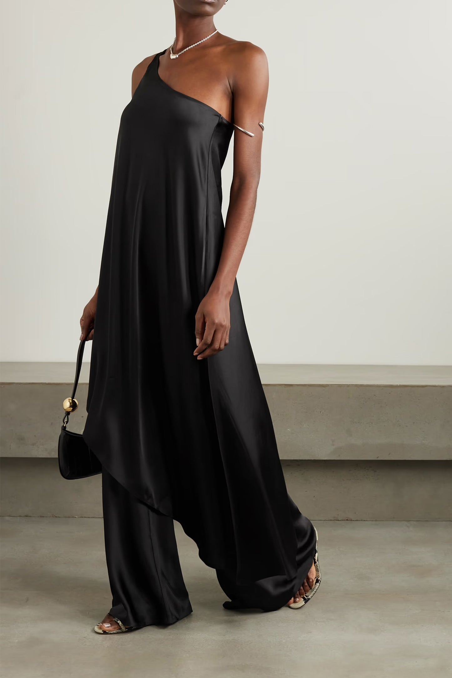 One-shoulder asymmetric satin tunic