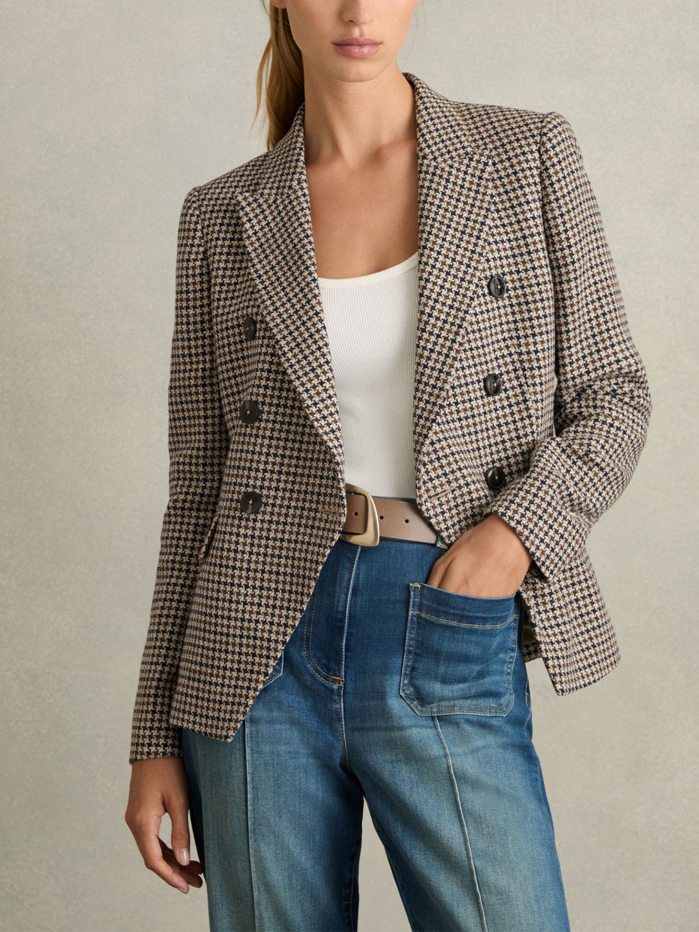Cotton-Linen Double-Breasted Houndstooth-Check Blazer